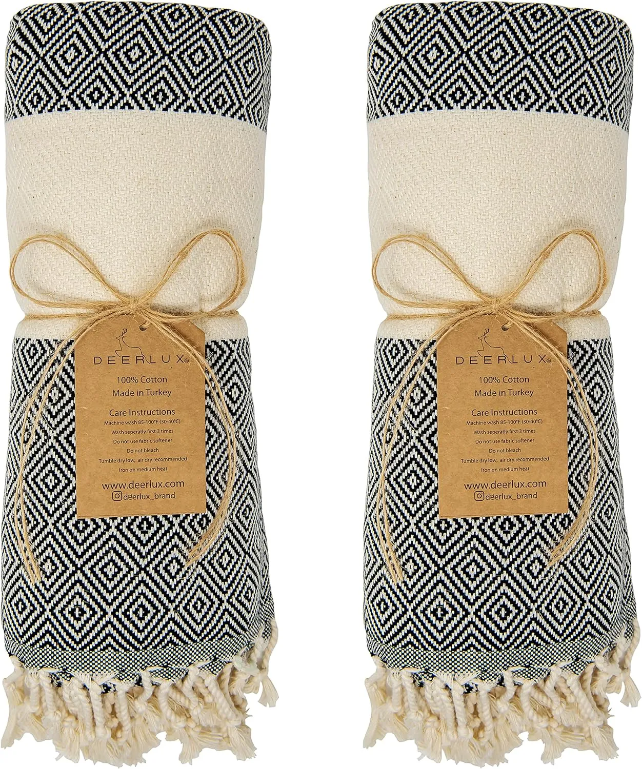 Deerlux 100% Cotton Turkish Bath Towel, 40" x 70" Diamond Peshtemal Set of 2, Black
