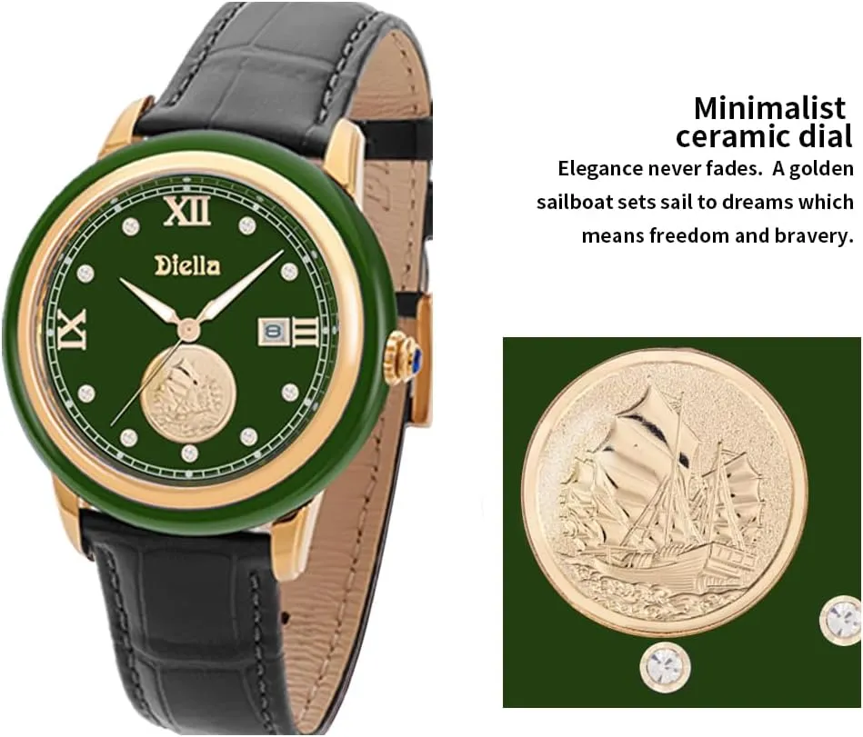 Diella Original Watches for Men with Japanese Movement, Luminous, Waterproof, Men's Ceramics Dress Watch, Genuine Leather Band, Analog Quartz Casual Men's Wrist Watch