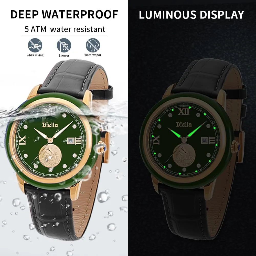 Diella Original Watches for Men with Japanese Movement, Luminous, Waterproof, Men's Ceramics Dress Watch, Genuine Leather Band, Analog Quartz Casual Men's Wrist Watch