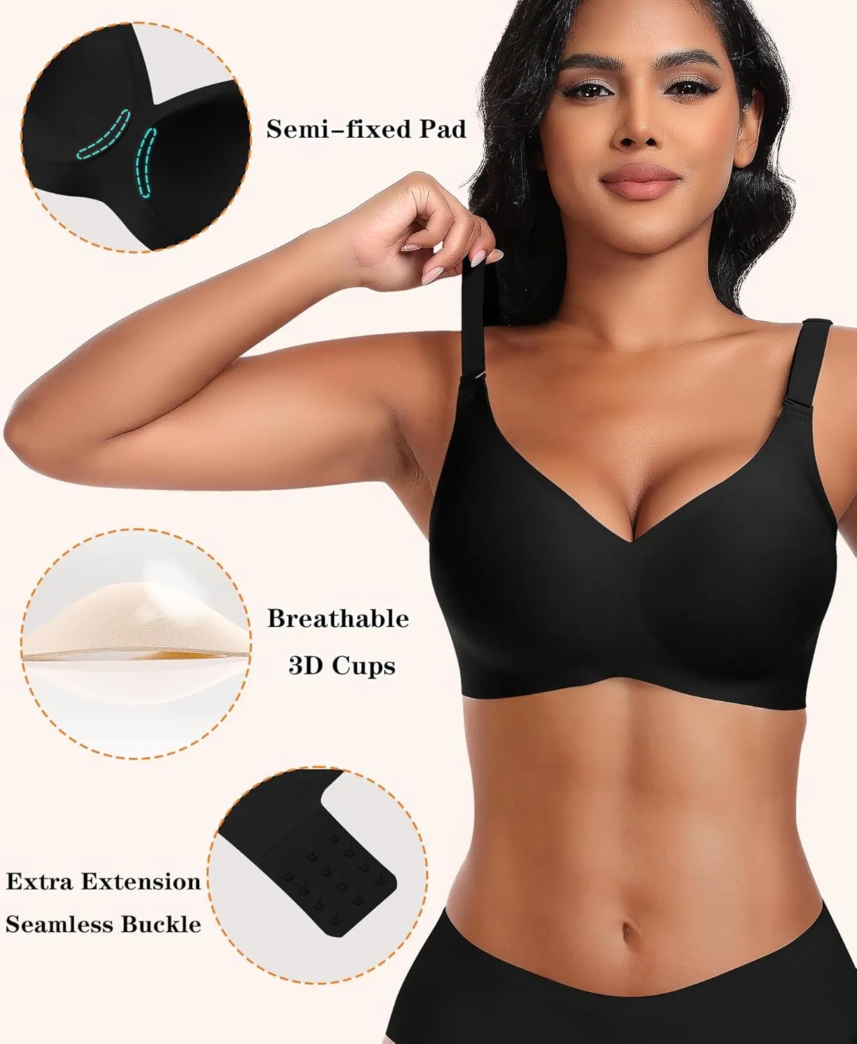 DOCUMO Wireless Bras for Women No Underwire Seamless Push Up Bras with Support and Lift, V Neck Bralette with Bra Extender