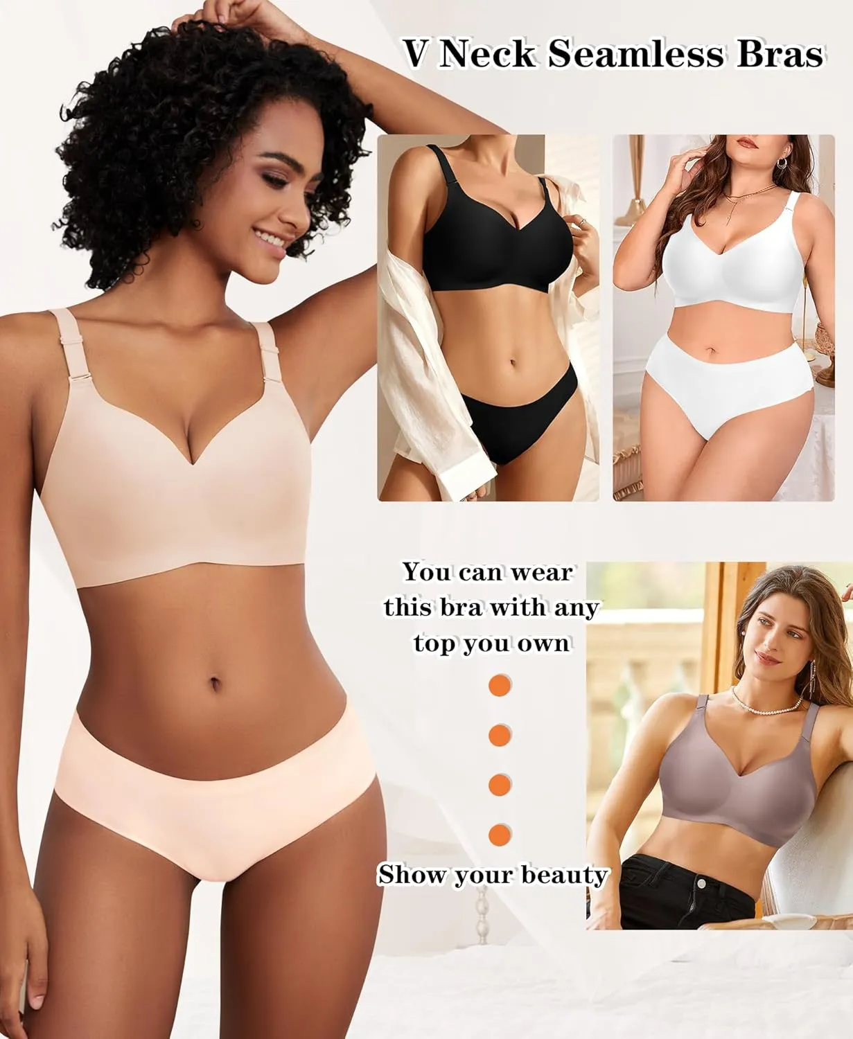 DOCUMO Wireless Bras for Women No Underwire Seamless Push Up Bras with Support and Lift, V Neck Bralette with Bra Extender
