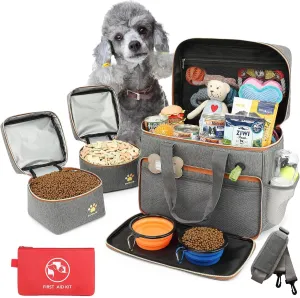 Dog Travel Bag for Traveling| Week Away/Overnight Dog Travel Accessories with Multi-Function Pockets|Pet Travel Set for Dog and Cat|Ideal Dog Diaper Bag and Dog Travel Kit(Grey)