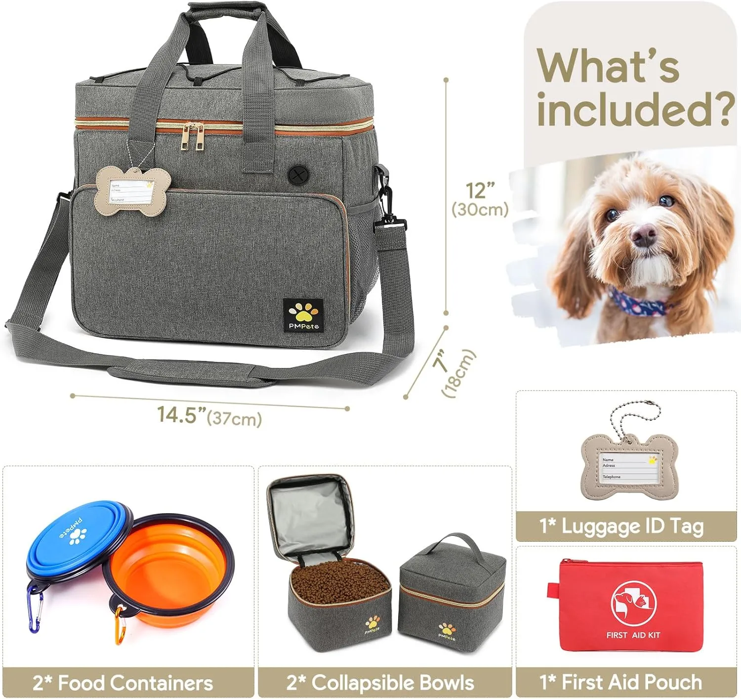 Dog Travel Bag for Traveling| Week Away/Overnight Dog Travel Accessories with Multi-Function Pockets|Pet Travel Set for Dog and Cat|Ideal Dog Diaper Bag and Dog Travel Kit(Grey)