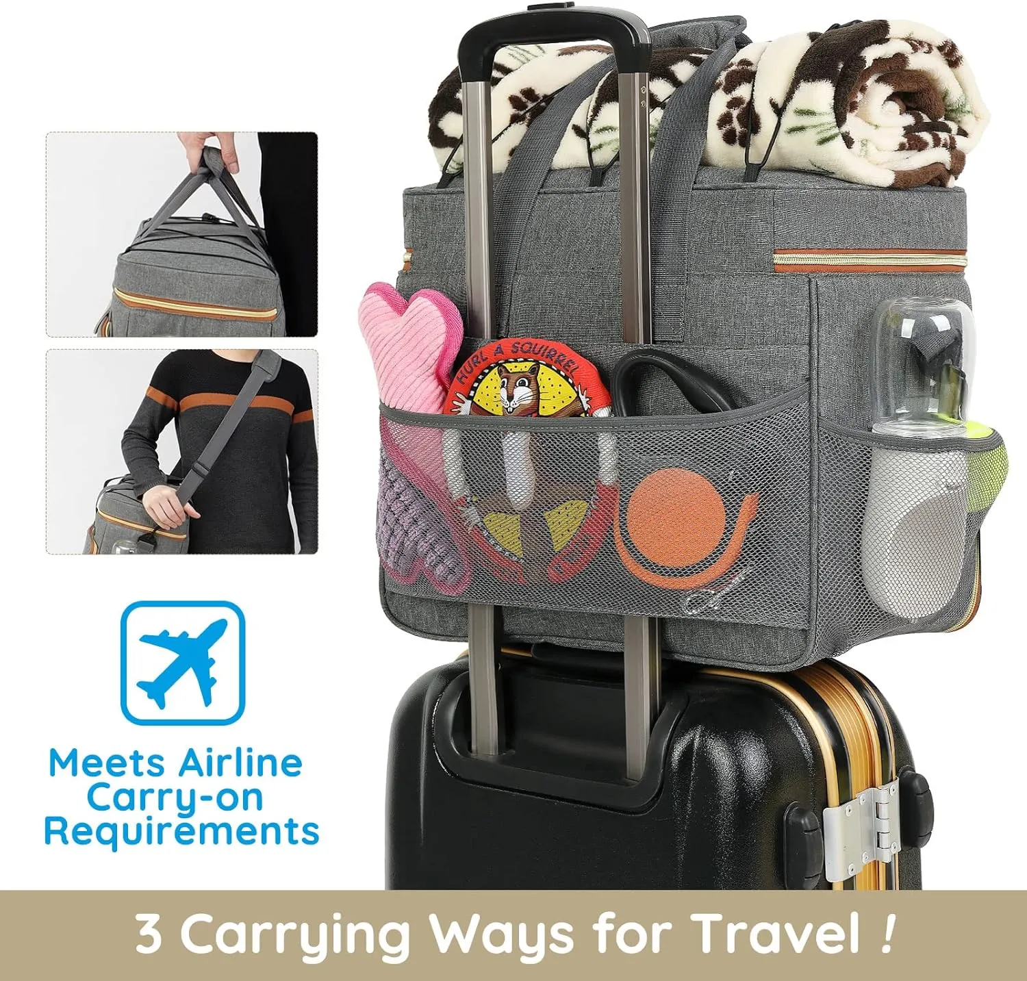 Dog Travel Bag for Traveling| Week Away/Overnight Dog Travel Accessories with Multi-Function Pockets|Pet Travel Set for Dog and Cat|Ideal Dog Diaper Bag and Dog Travel Kit(Grey)