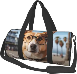 Dog with Glasses Reading Newspaper Ocean Beach Printed Travel Bag,Round Personal Item Storage bag,Foldie Duffel Bag for Traveling Vacation,Fitness,Sports