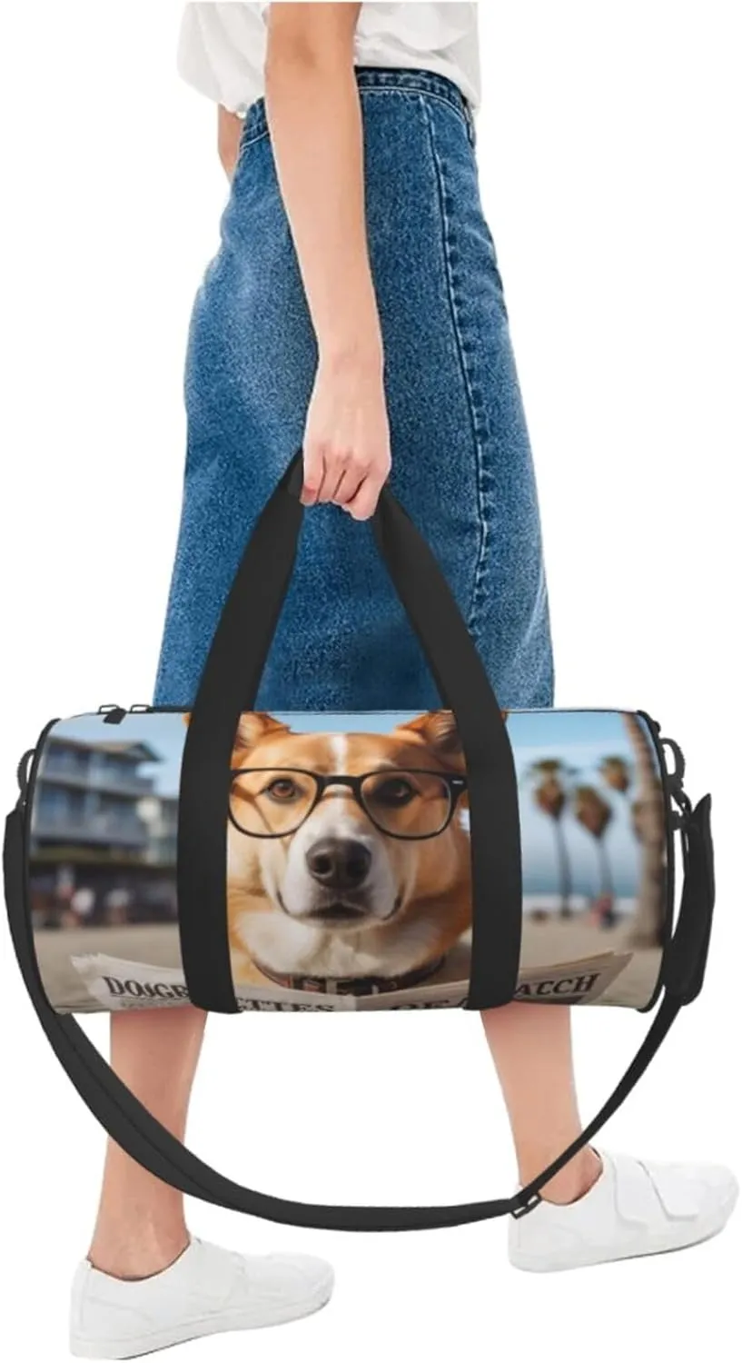 Dog with Glasses Reading Newspaper Ocean Beach Printed Travel Bag,Round Personal Item Storage bag,Foldie Duffel Bag for Traveling Vacation,Fitness,Sports