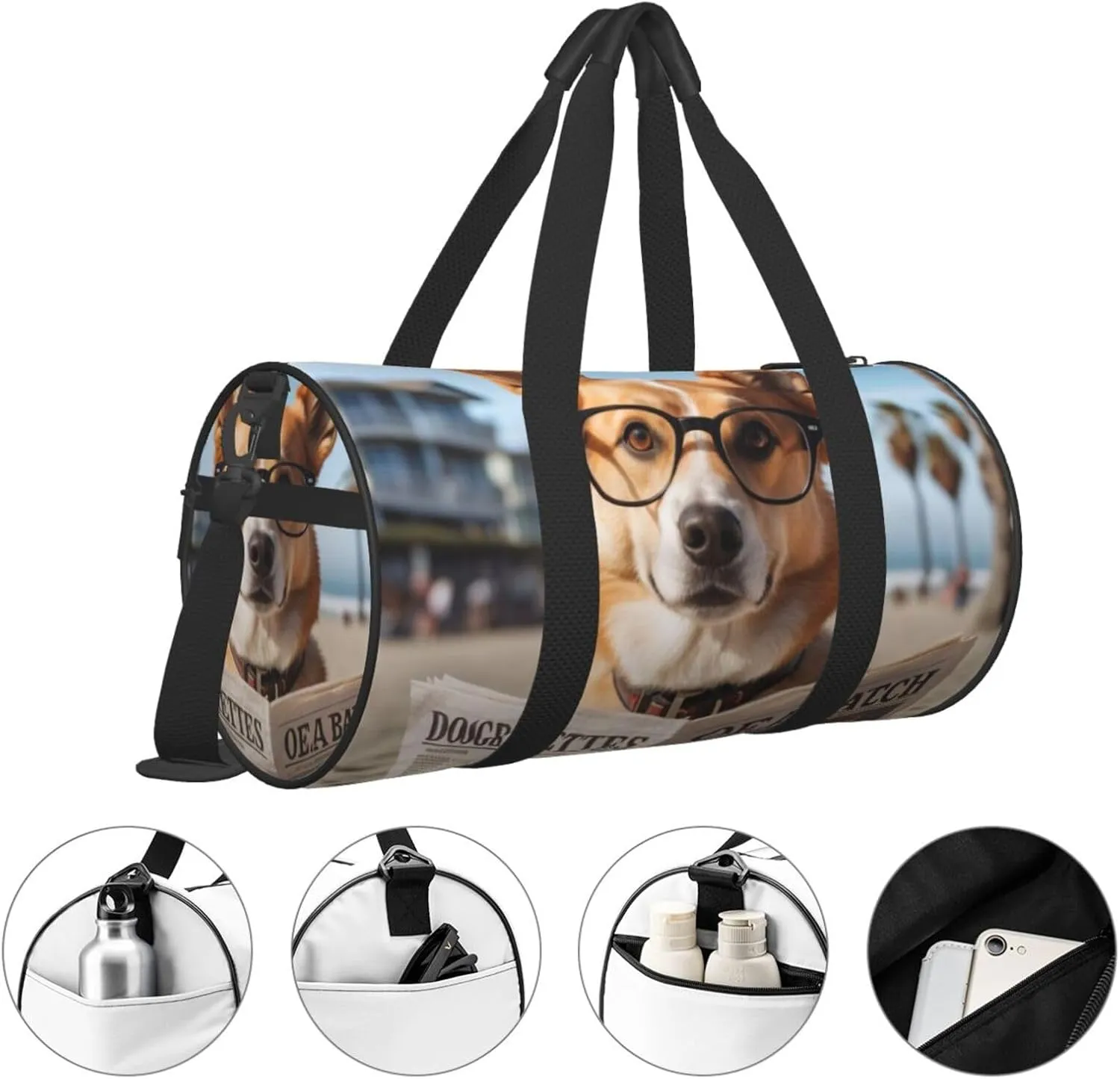 Dog with Glasses Reading Newspaper Ocean Beach Printed Travel Bag,Round Personal Item Storage bag,Foldie Duffel Bag for Traveling Vacation,Fitness,Sports
