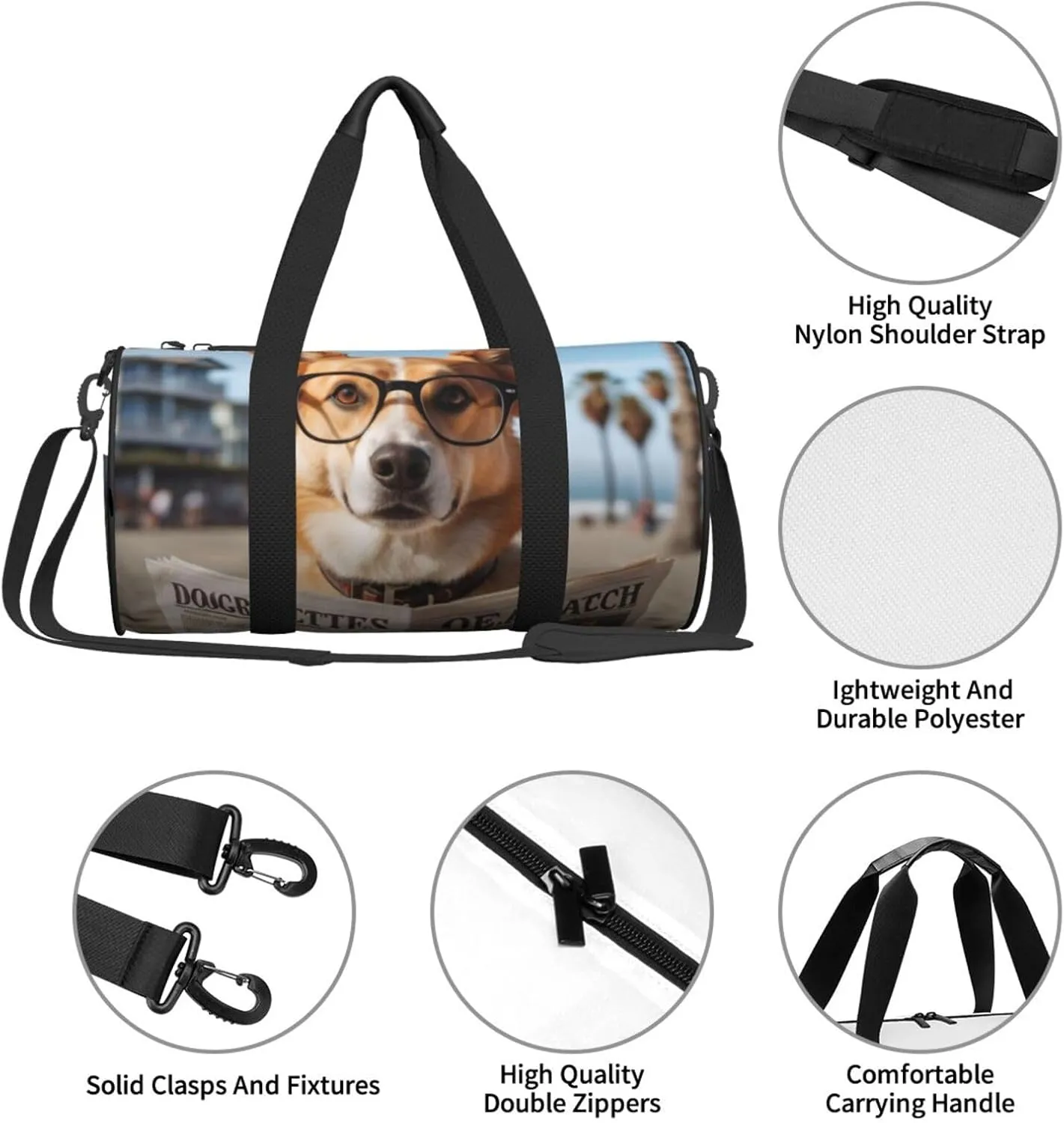 Dog with Glasses Reading Newspaper Ocean Beach Printed Travel Bag,Round Personal Item Storage bag,Foldie Duffel Bag for Traveling Vacation,Fitness,Sports