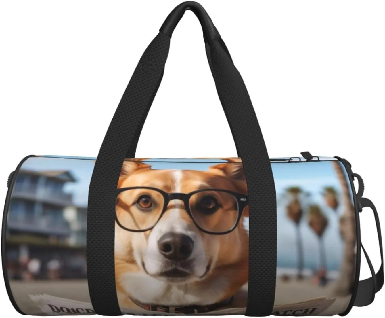 Dog with Glasses Reading Newspaper Ocean Beach Printed Travel Bag,Round Personal Item Storage bag,Foldie Duffel Bag for Traveling Vacation,Fitness,Sports