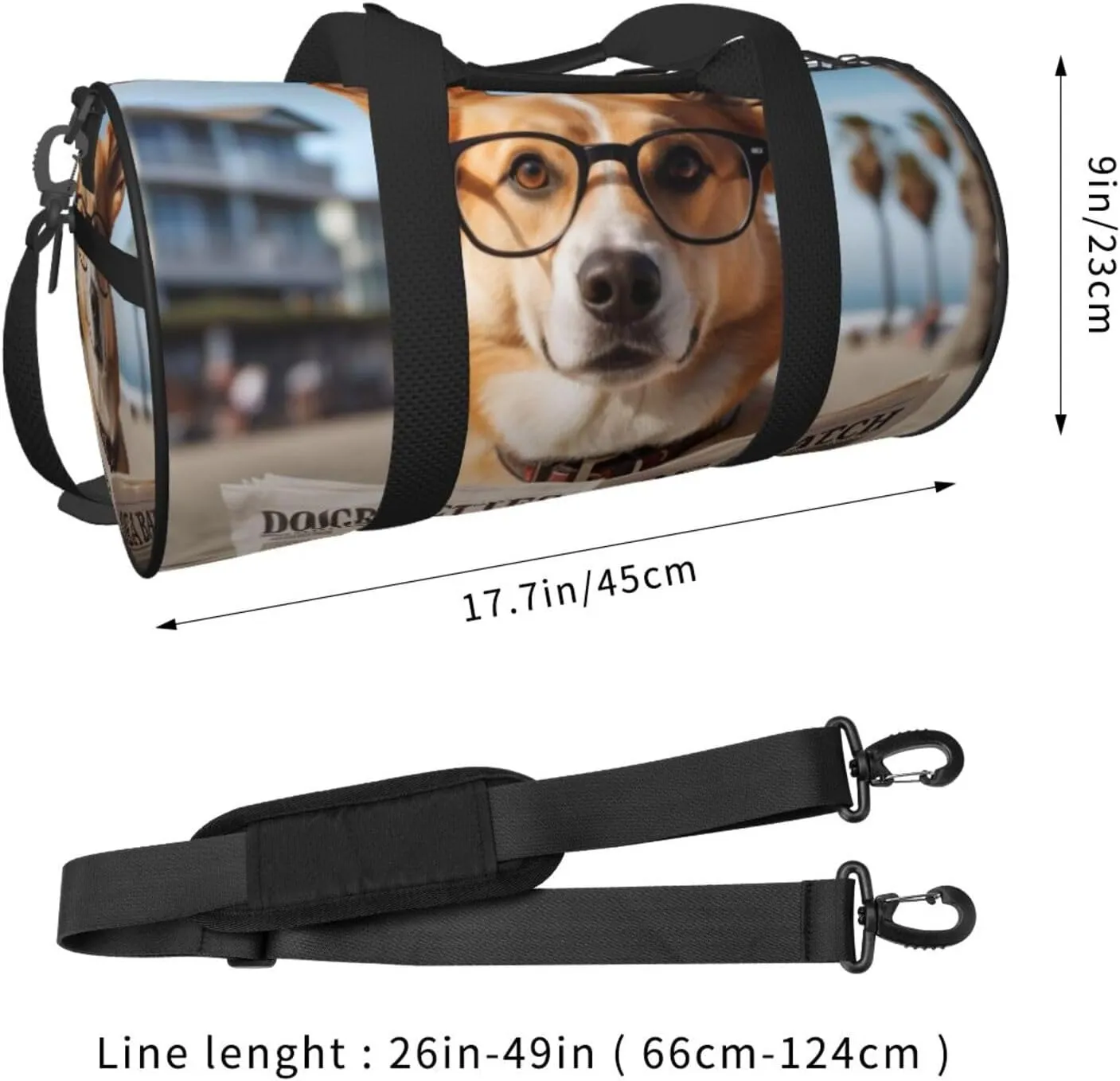 Dog with Glasses Reading Newspaper Ocean Beach Printed Travel Bag,Round Personal Item Storage bag,Foldie Duffel Bag for Traveling Vacation,Fitness,Sports