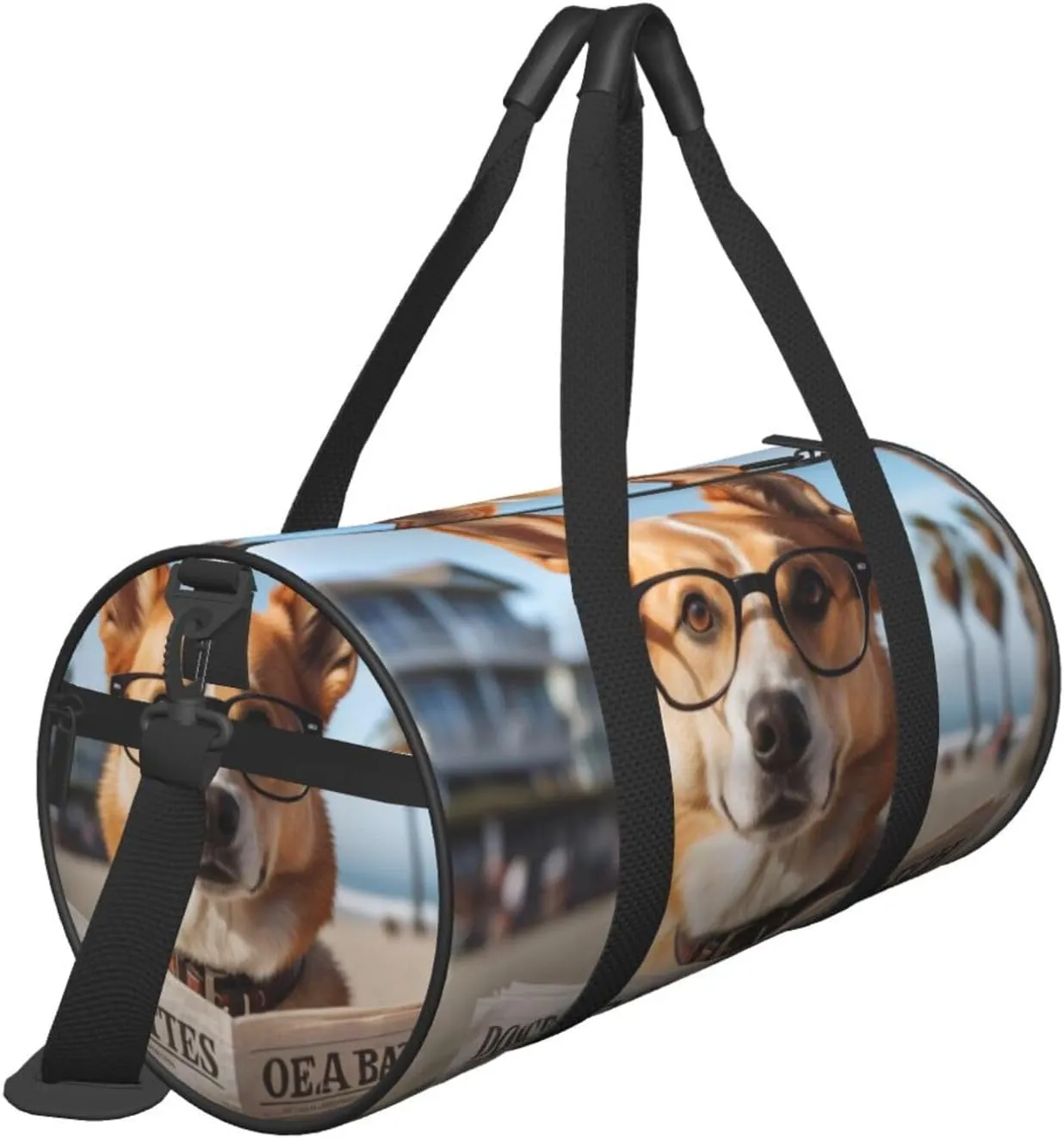 Dog with Glasses Reading Newspaper Ocean Beach Printed Travel Bag,Round Personal Item Storage bag,Foldie Duffel Bag for Traveling Vacation,Fitness,Sports