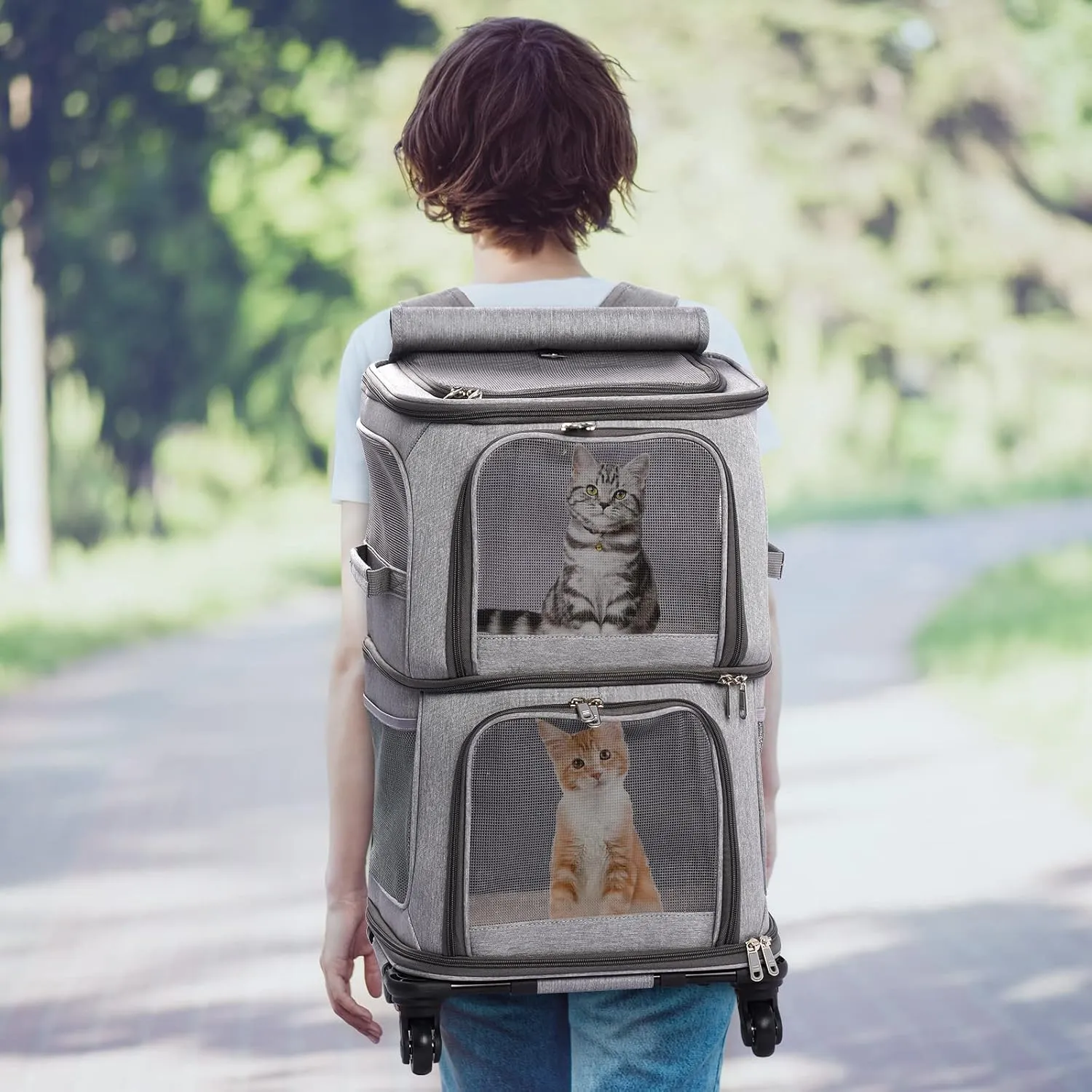Double Pet Carrier Backpack with Wheels for Small Cats and Dogs, Rolling Cat Travel Carrier, Super Ventilated Design, Ideal for Traveling/Hiking/Camping, Grey