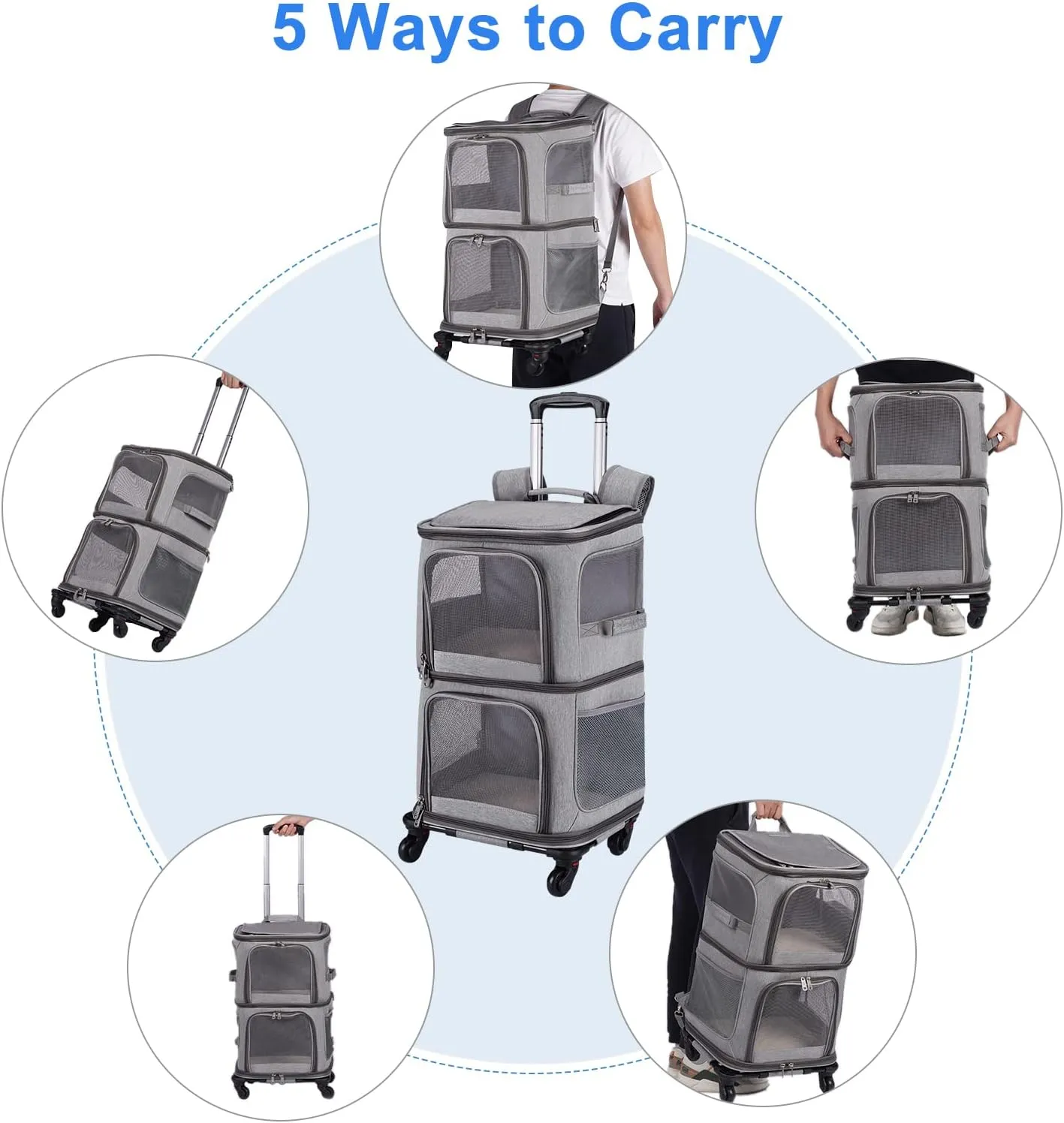 Double Pet Carrier Backpack with Wheels for Small Cats and Dogs, Rolling Cat Travel Carrier, Super Ventilated Design, Ideal for Traveling/Hiking/Camping, Grey