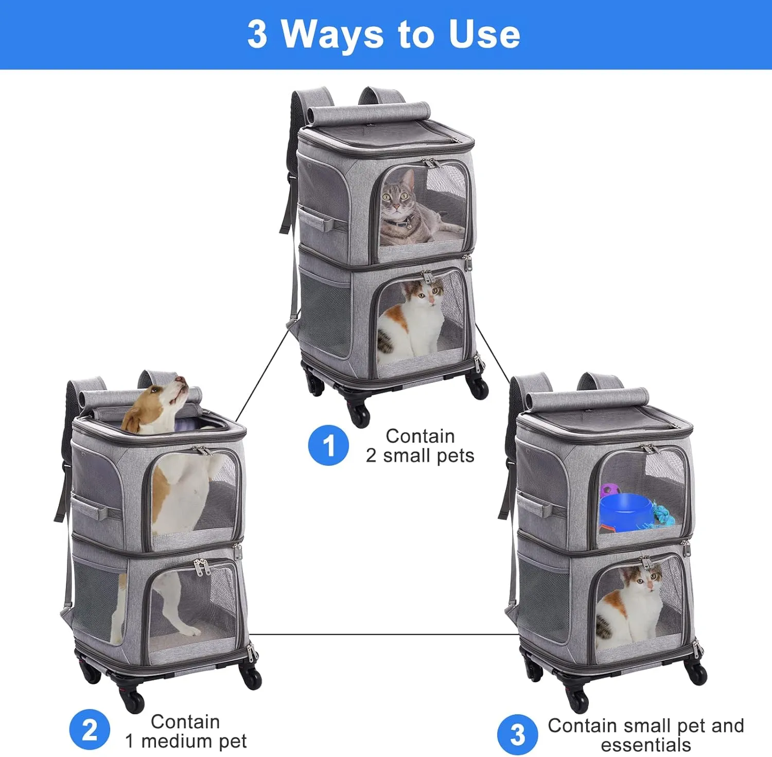 Double Pet Carrier Backpack with Wheels for Small Cats and Dogs, Rolling Cat Travel Carrier, Super Ventilated Design, Ideal for Traveling/Hiking/Camping, Grey