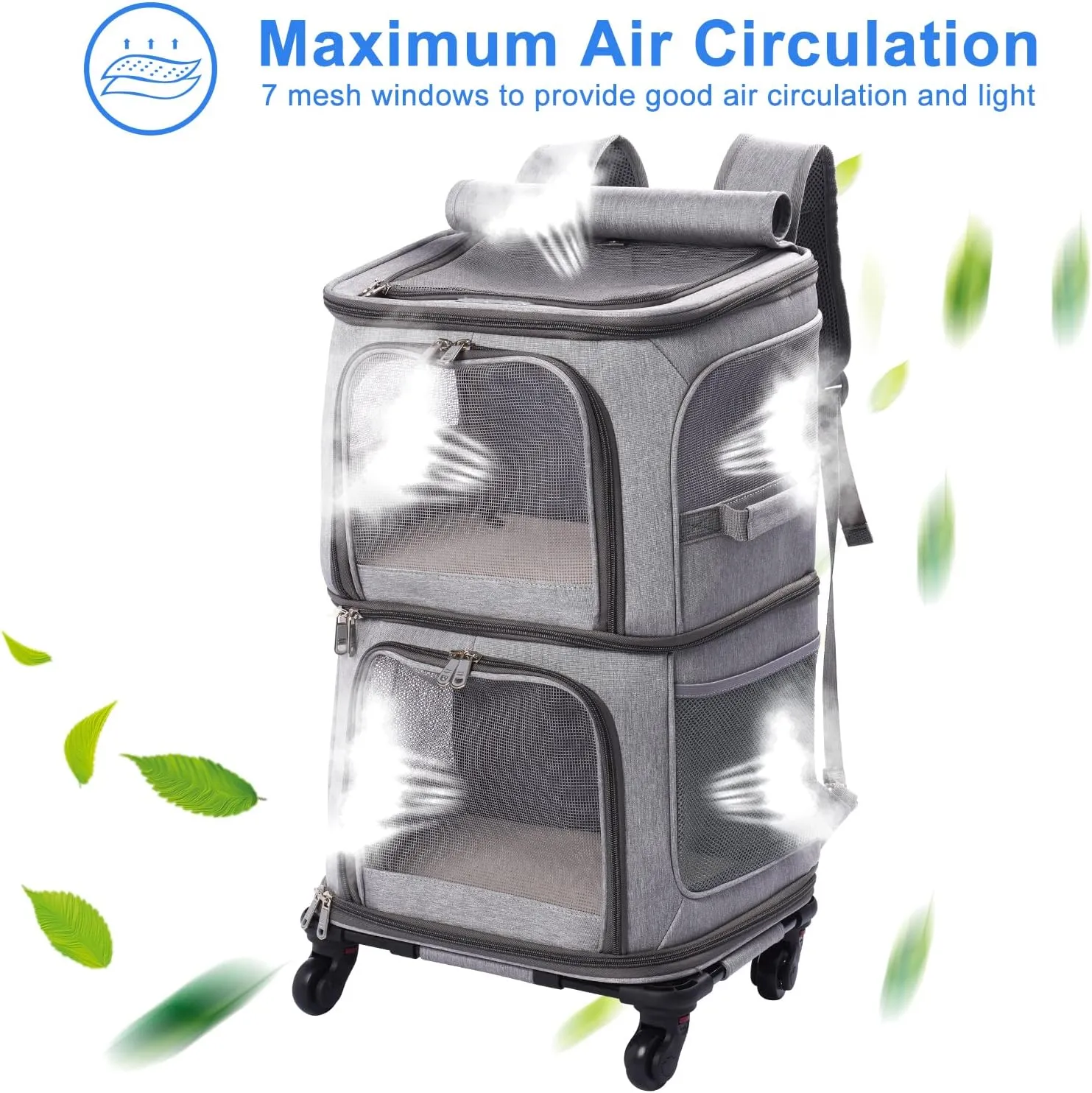Double Pet Carrier Backpack with Wheels for Small Cats and Dogs, Rolling Cat Travel Carrier, Super Ventilated Design, Ideal for Traveling/Hiking/Camping, Grey