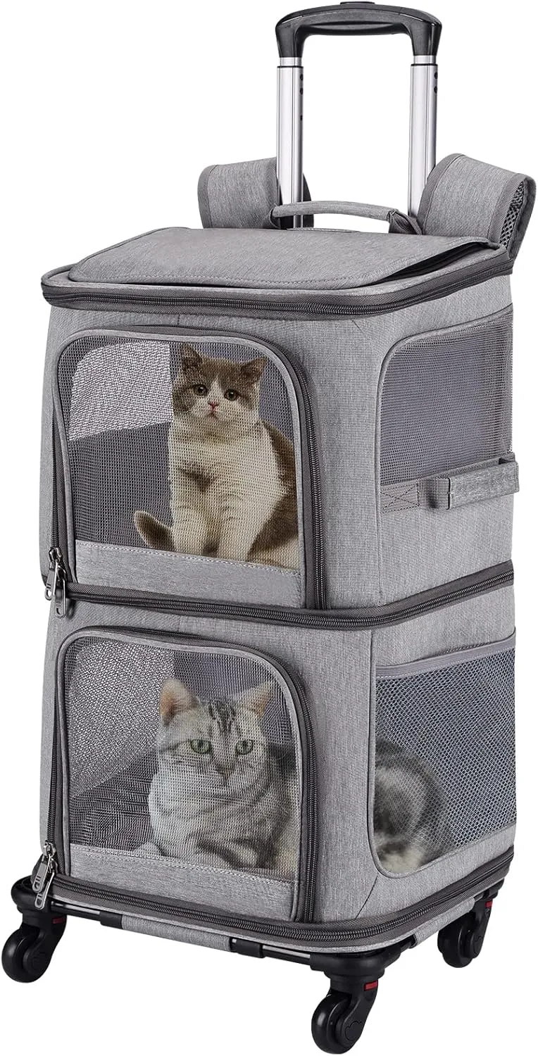 Double Pet Carrier Backpack with Wheels for Small Cats and Dogs, Rolling Cat Travel Carrier, Super Ventilated Design, Ideal for Traveling/Hiking/Camping, Grey