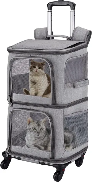 Double Pet Carrier Backpack with Wheels for Small Cats and Dogs, Rolling Cat Travel Carrier, Super Ventilated Design, Ideal for Traveling/Hiking/Camping, Grey