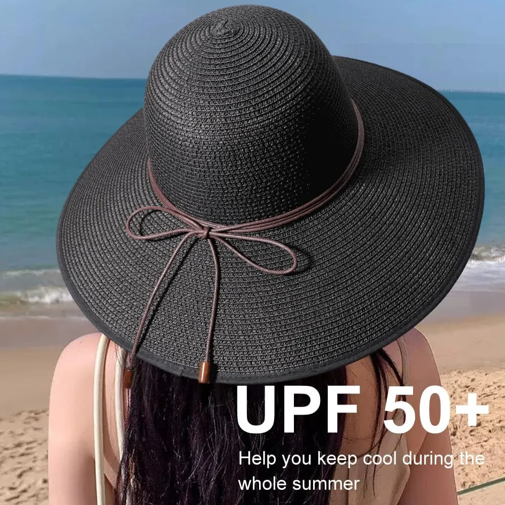 DRESHOW Beach Hats for Women Big Straw Wide Brim Summer Hat Floppy Foldable Roll up Cap Sun Hat UPF 50 