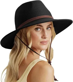 DRESHOW Women Straw Panama Hat Travel Fedora Beach Sun Hat Summer Wide Brim Straw Roll up Hat UPF 50 