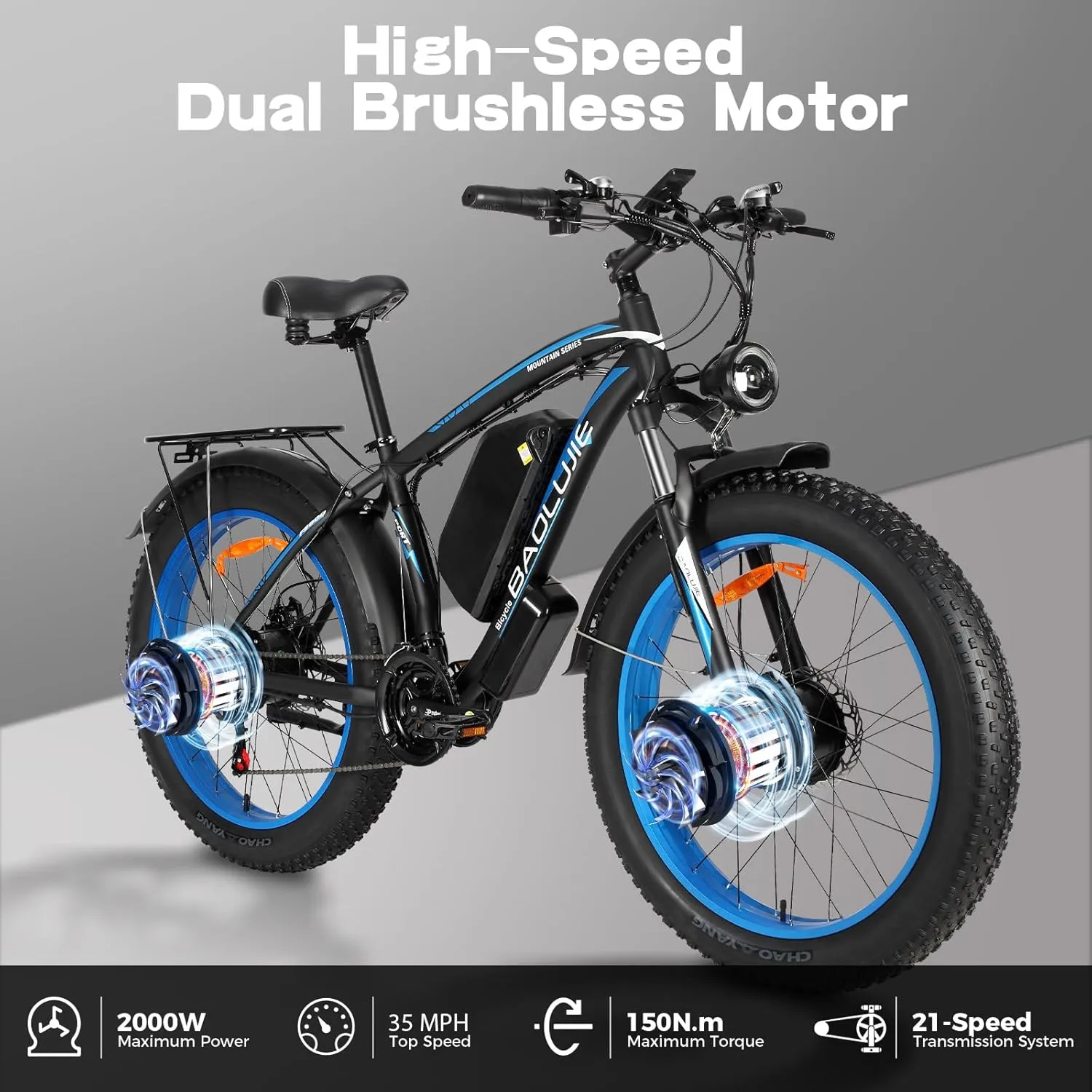 Dual Motor Ebike Peak 3000/5000W, Electric Mountain Dirt Bike with 23/25Ah Removable Battery Fat Tire Electric Bicycle for Mountain Snow Beach All-Terrain