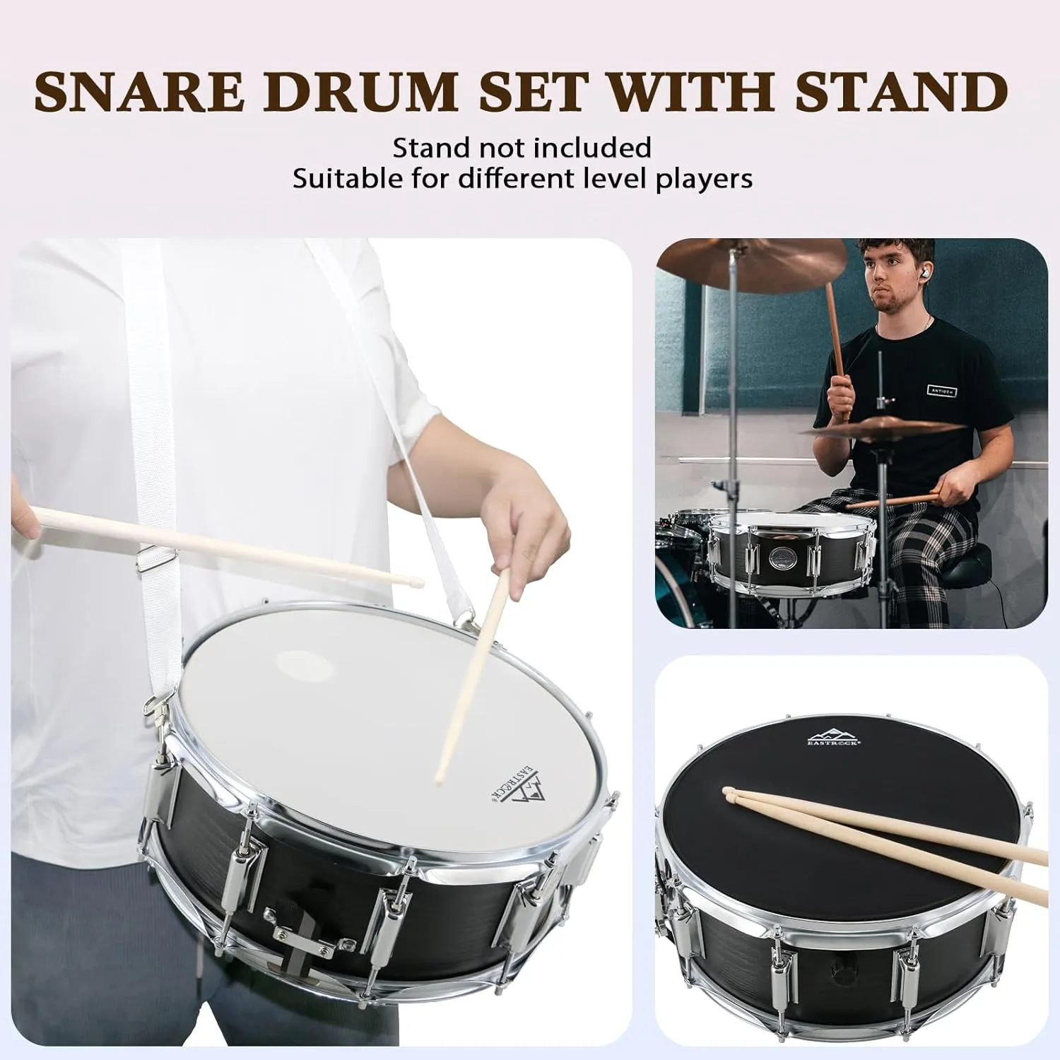 EASTROCK Snare Drum 14X5.5 Inches for Student Beginners with Gig Bag, Drumsticks, Drum Keys, Coated Material Drum Head, Wood Grain Finish