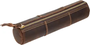 ECHSRT Genuine Leather Pencil Case, Full-Grain Cowhide Leather Pouch, Small Pencil Pouch for Men, Vintage Pen Bag for Adults, Stationery Organizer Case for Work & Travel-Cylindrical-Coffee
