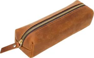 ECHSRT Small Pencil Pouch-Full-Grain Leather Pencil Case for Men- Vintage Genuine Leather Pouch for Adults-Stationery Organizer Bag for Work & Travel-Square-Brown