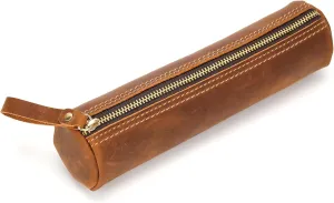 ECHSRT Small Pencil Pouch-Genuine Full-Grain Leather Pencil Case for Men- Vintage Leather Pouch for Adults-Stationery Organizer Bag for Work & Travel-Cylindrical-Brown