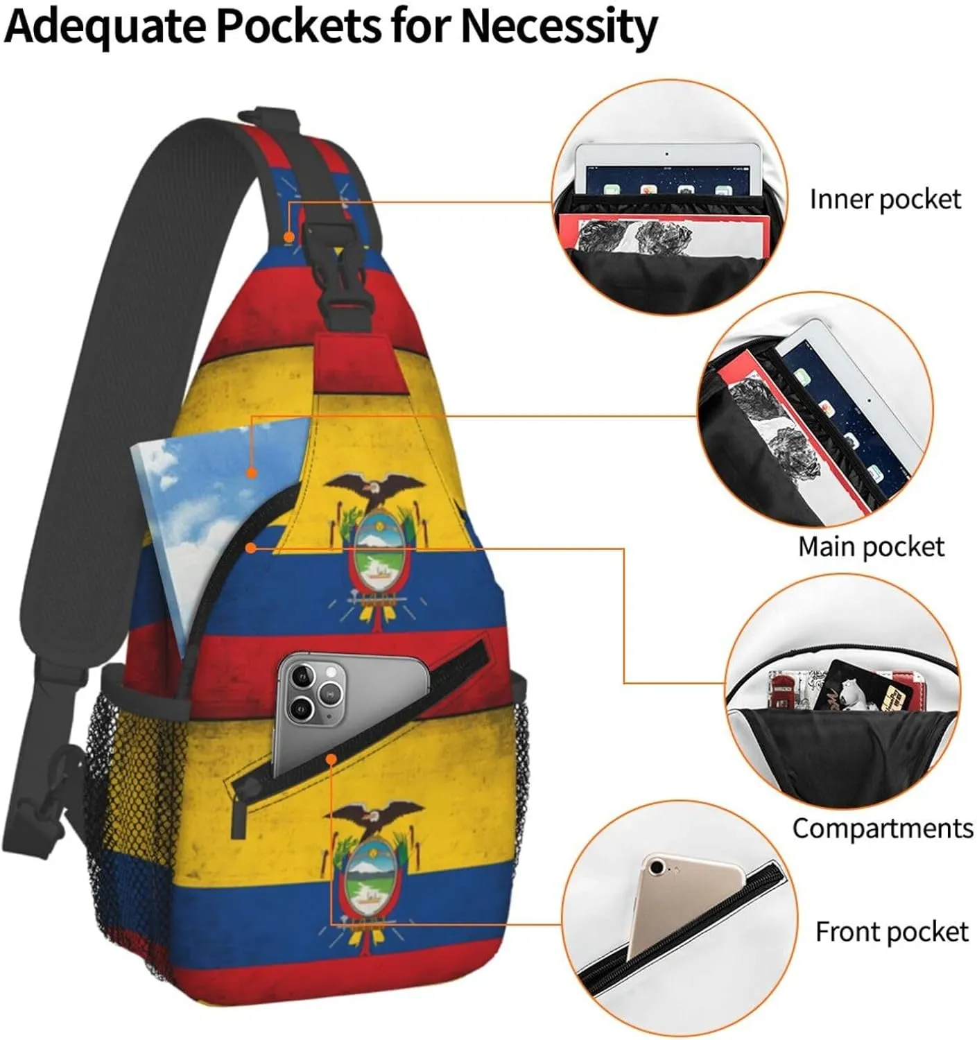 Ecuador Ecuadorian Flag Crossbody Bag Cross Chest Bag Adjustable Sling Backpack Sports Gym Shoulder Bags Travel Cycling Daypack Diagonally Casual Rucksack