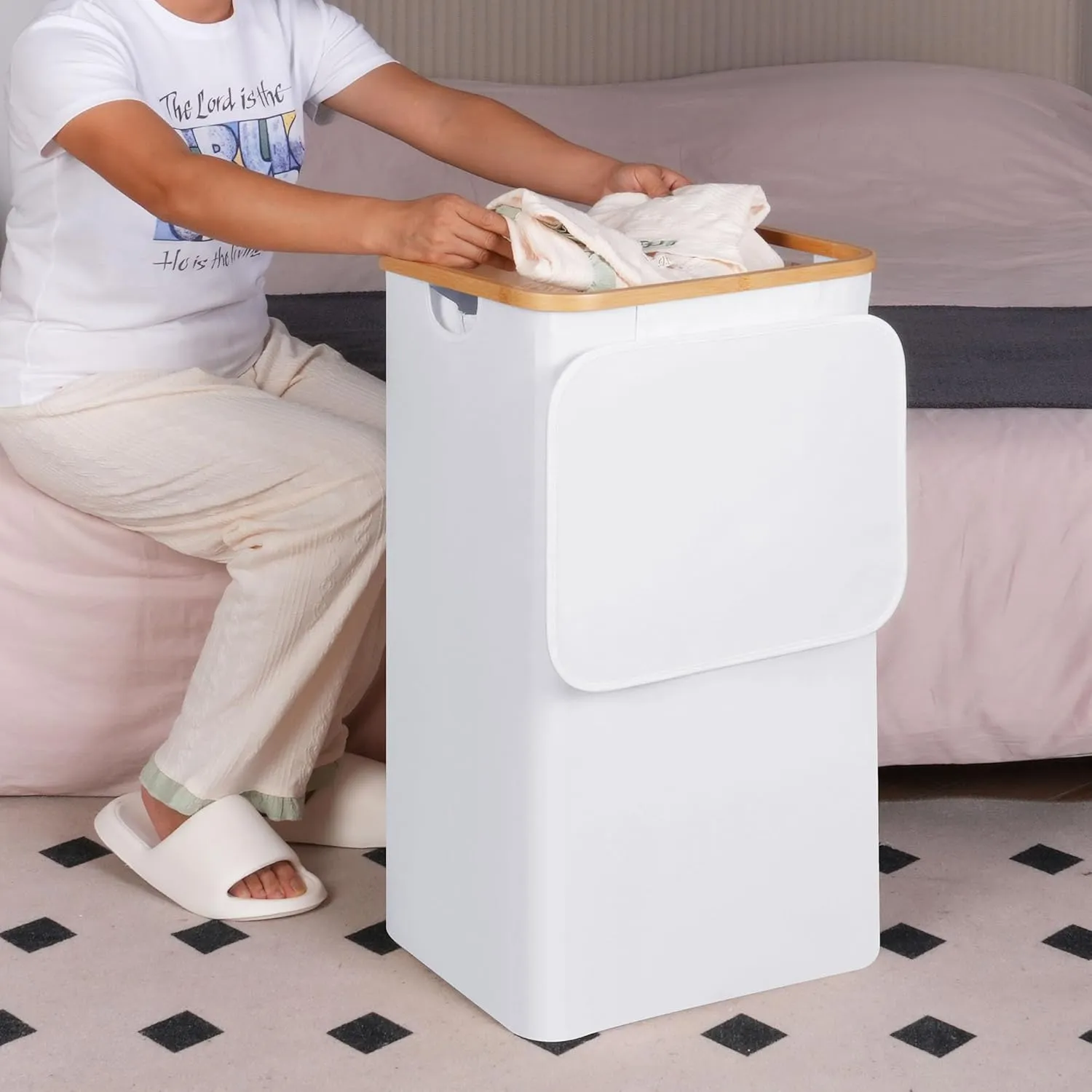 efluky Laundry Hamper with Lid, 100L Tall Laundry Basket with Bamboo Handles for Clothes and Toys, Collapsible Laundry Hamper with Inner Bag for Bedroom and Bathroom, White