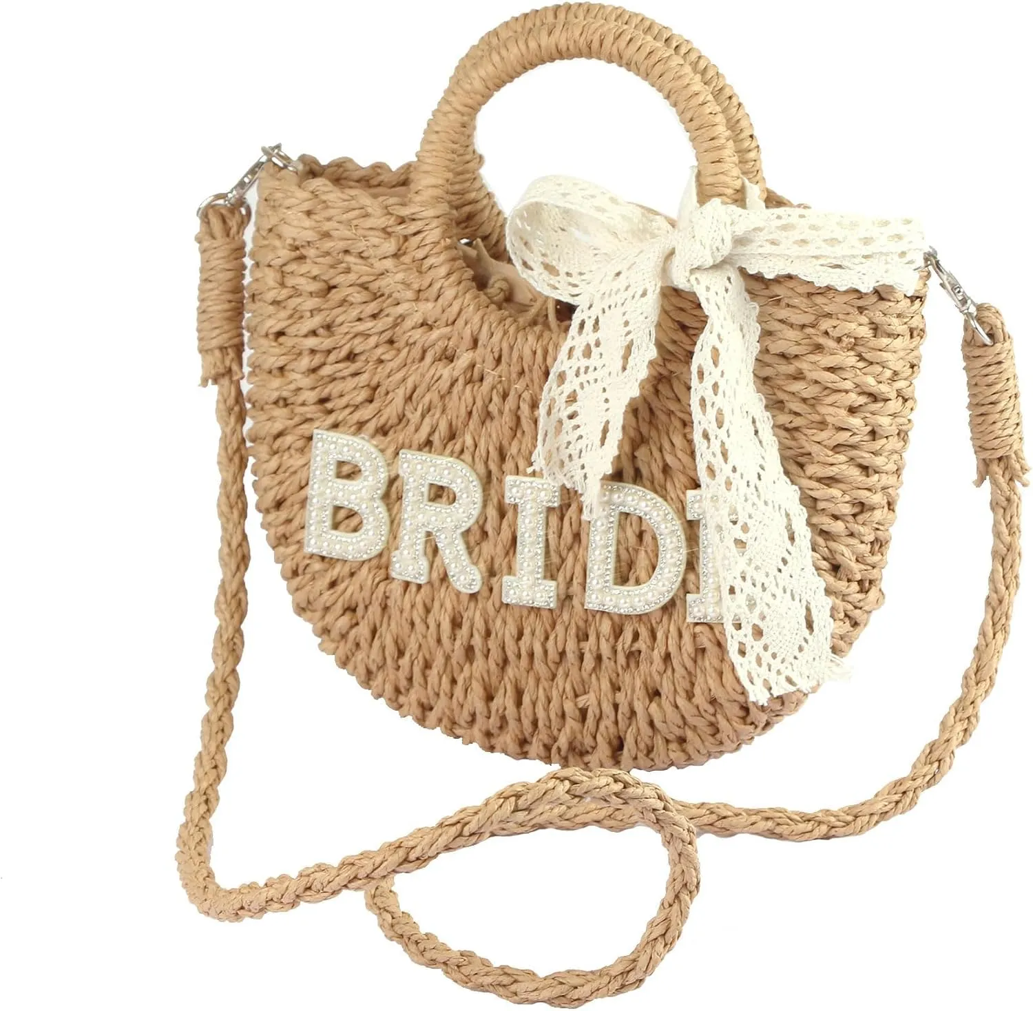 Eiyye Bridal Straw Bag for Wedding Handwoven Bride Shoulder Purse, Boho Beach Bag, Honeymoon & Bachelorette Party Accessory, Photo Prop, Gift for Bride