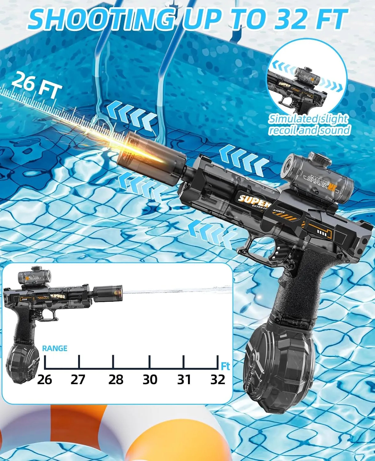 Electric Water Gun with Light Up, Automatic Electric Squirt Gun 26-30 FT Range Water Pistol Blaster Soaker, Summer Outdoor Pool, Water Toy for Adults & Kids (Red)