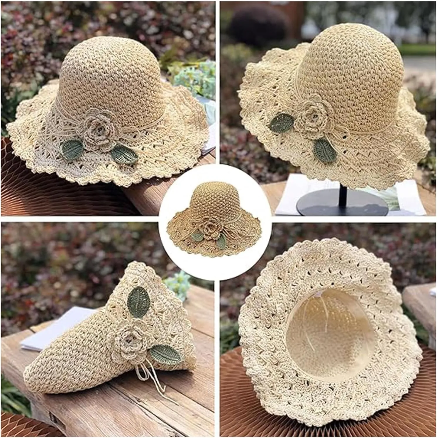 Elegant Crochet Straw Hat with Ruffle Detail, Womens Straw Hats for Summer Beach Wide Brim Sun Protection Hat