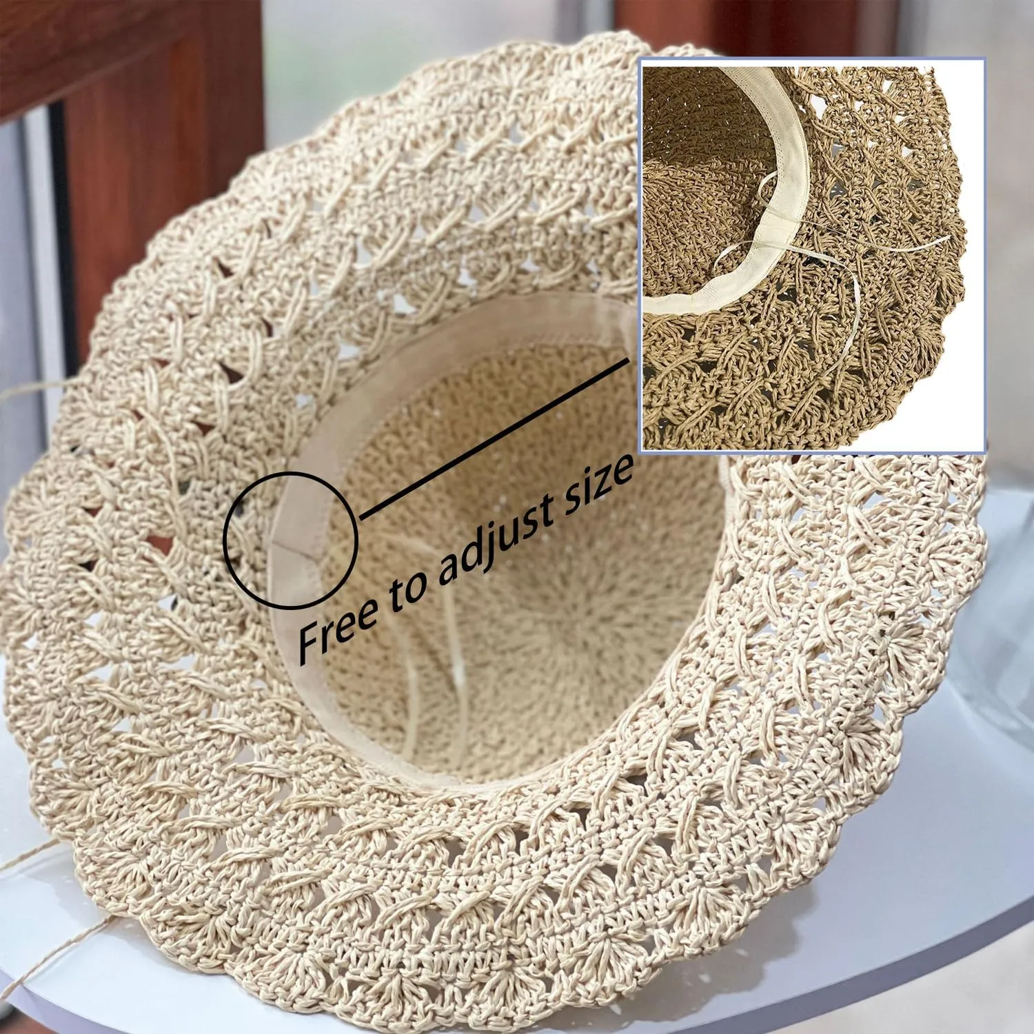 Elegant Crochet Straw Hat with Ruffle Detail, Womens Straw Hats for Summer Beach Wide Brim Sun Protection Hat