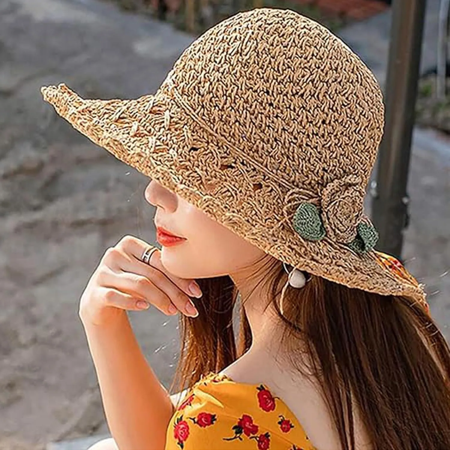 Elegant Crochet Straw Hat with Ruffle Detail, Womens Straw Hats for Summer Beach Wide Brim Sun Protection Hat