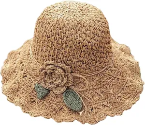 Elegant Crochet Straw Hat with Ruffle Detail, Womens Straw Hats for Summer Beach Wide Brim Sun Protection Hat