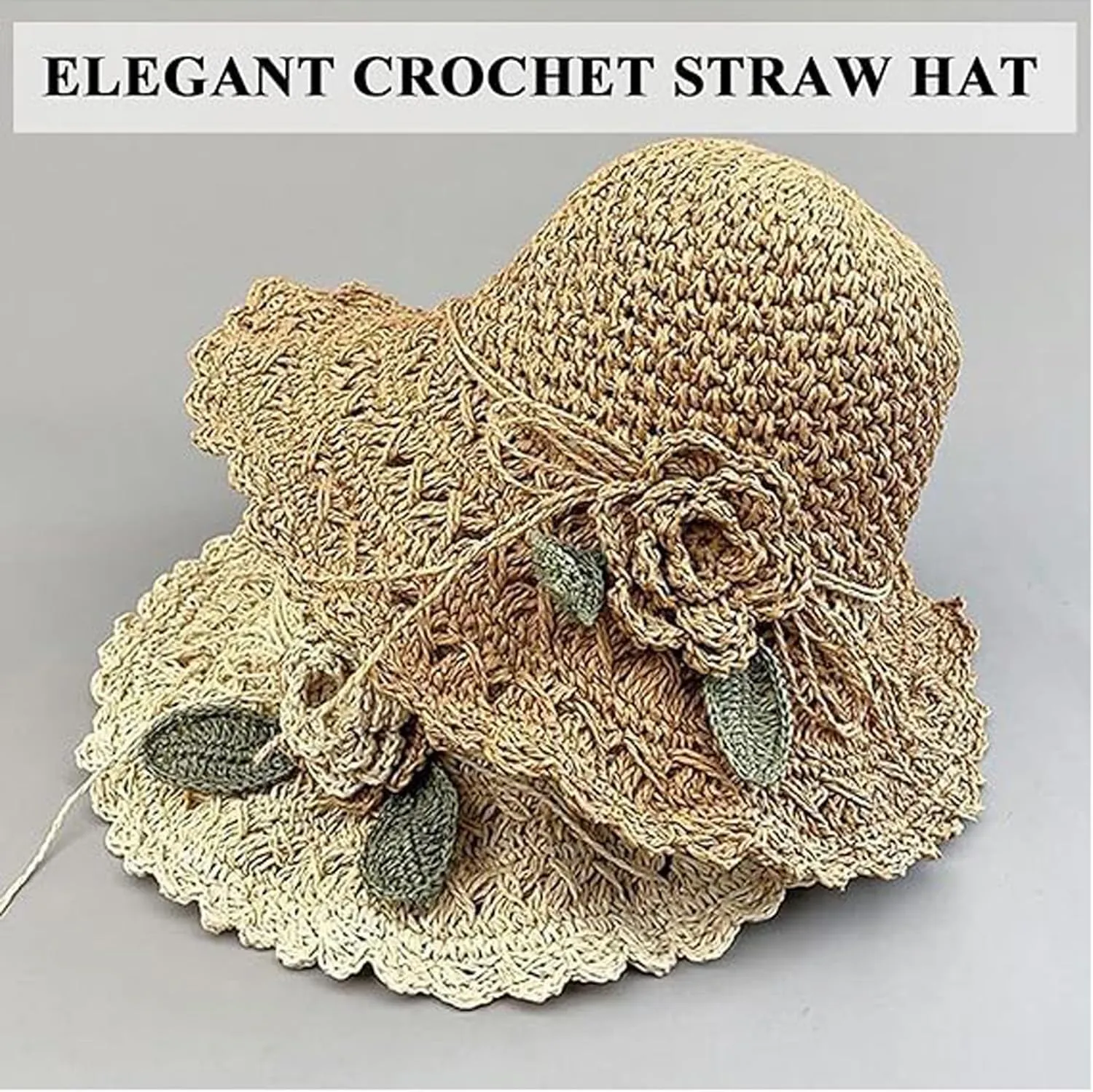 Elegant Crochet Straw Hat with Ruffle Detail, Womens Straw Hats for Summer Beach Wide Brim Sun Protection Hat