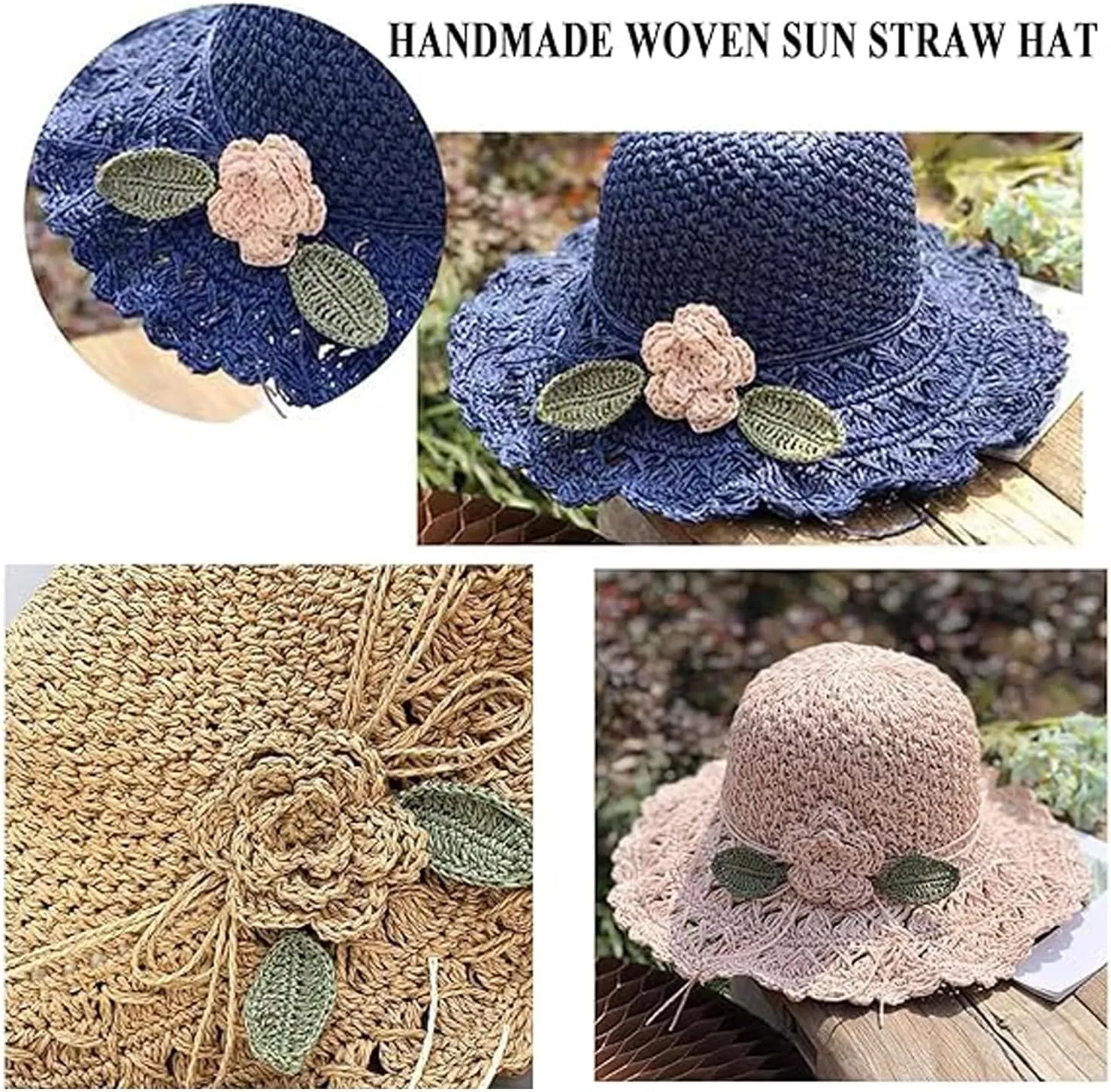 Elegant Crochet Straw Hat with Ruffle Detail, Womens Straw Hats for Summer Beach Wide Brim Sun Protection Hat