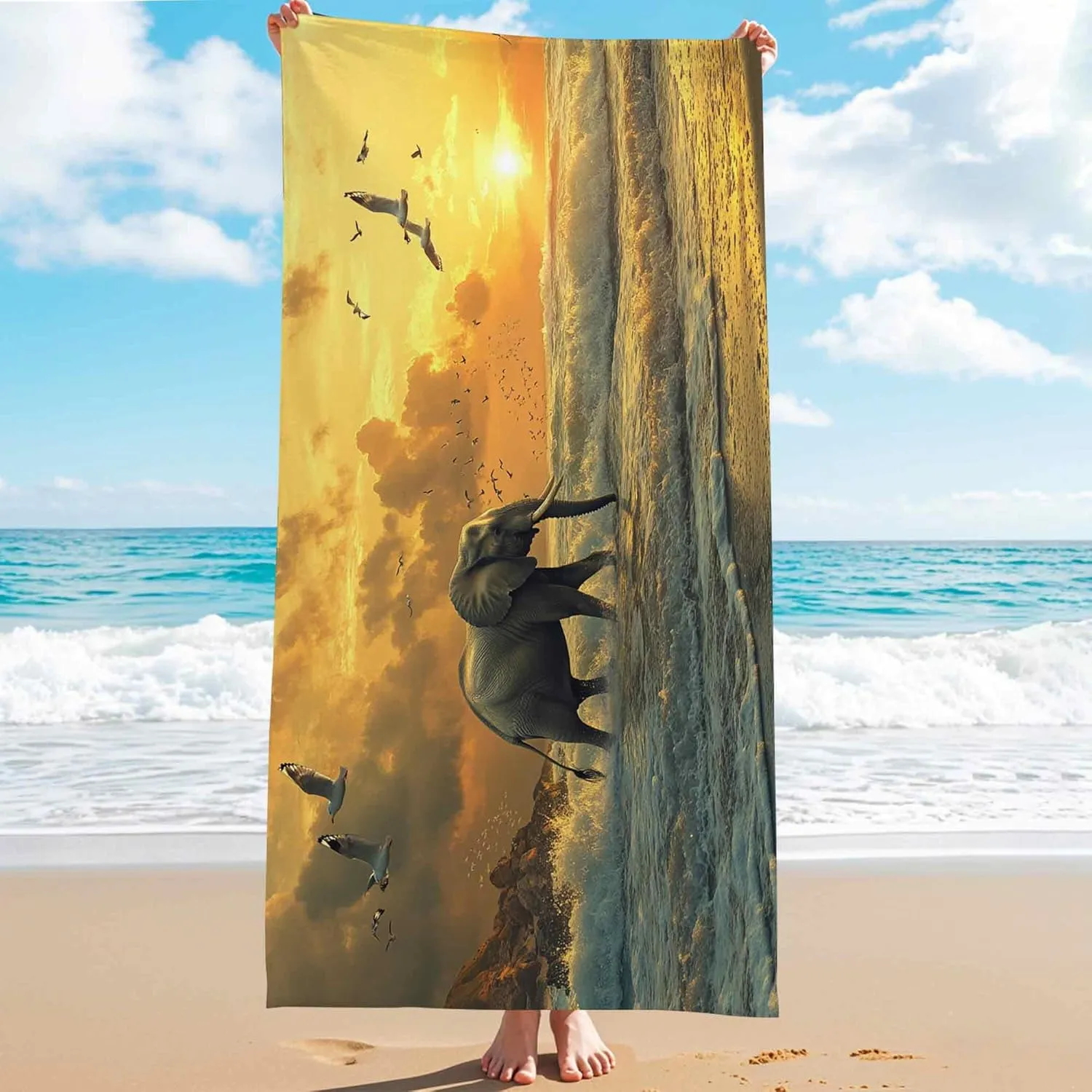 Elephant Sunset Microfiber Beach Towel Yellow Nature Landscape Bath Towel, Quick Dry Absorbent Sand Free Lightweight Beach Blanket, Outdoor Travel Picnic Essentials 70x35 Inch