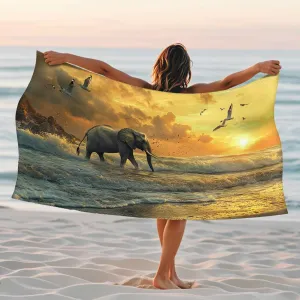 Elephant Sunset Microfiber Beach Towel Yellow Nature Landscape Bath Towel, Quick Dry Absorbent Sand Free Lightweight Beach Blanket, Outdoor Travel Picnic Essentials 70x35 Inch