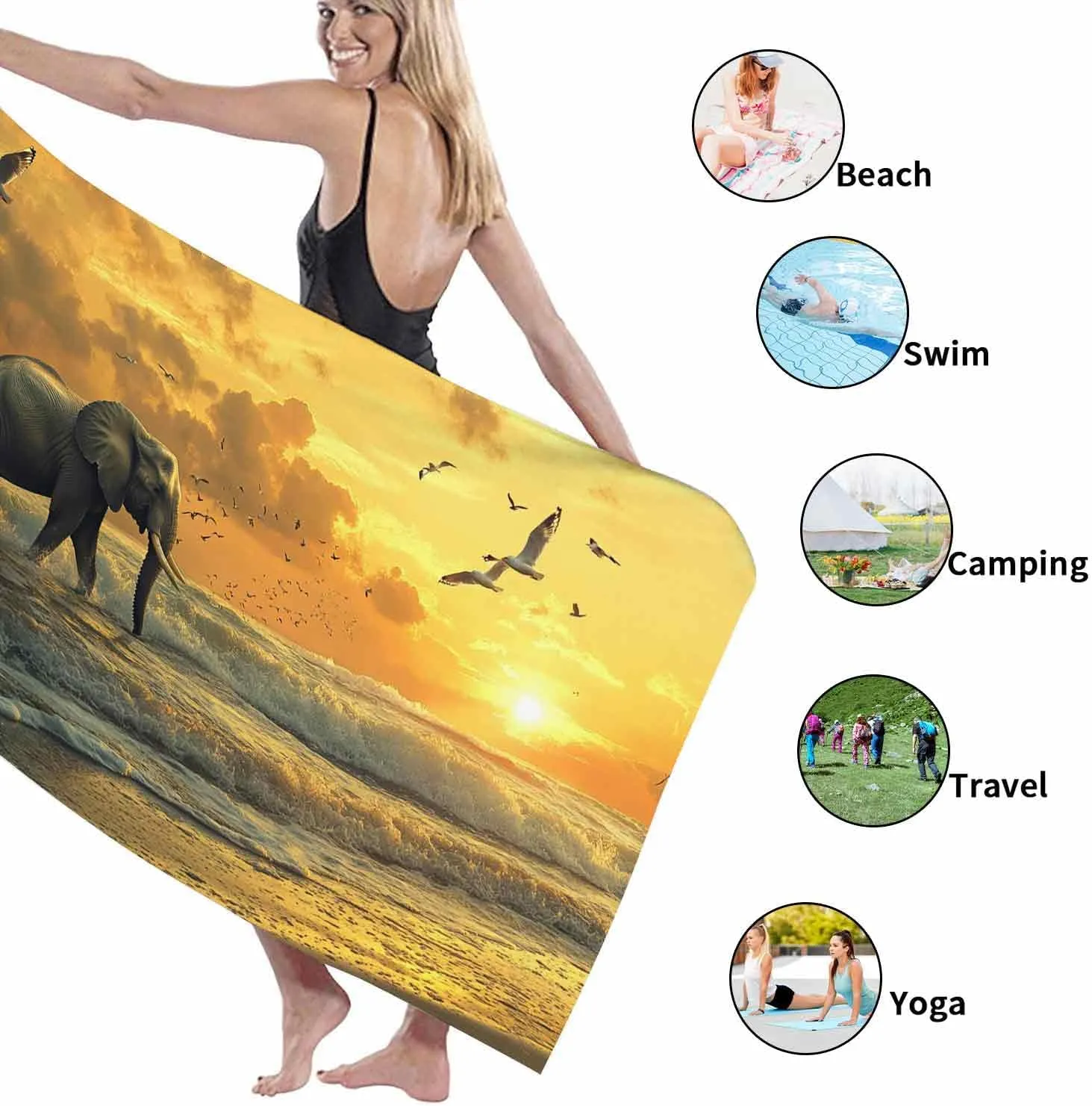 Elephant Sunset Microfiber Beach Towel Yellow Nature Landscape Bath Towel, Quick Dry Absorbent Sand Free Lightweight Beach Blanket, Outdoor Travel Picnic Essentials 70x35 Inch