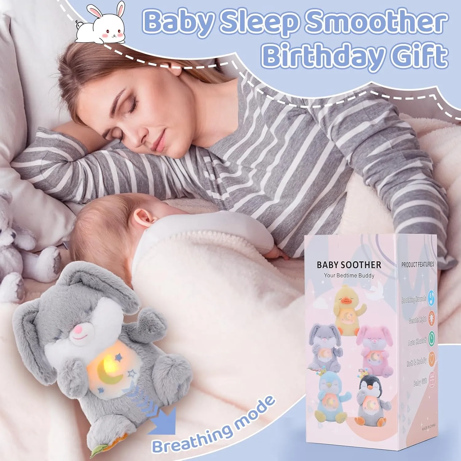 Emoin Breathing Stuffed Animal, Soothing Breathing Bunny Plush Sleep Buddy with Realistic Breathing Motion and Lights Music Birthday Gifts for Adults and Kids