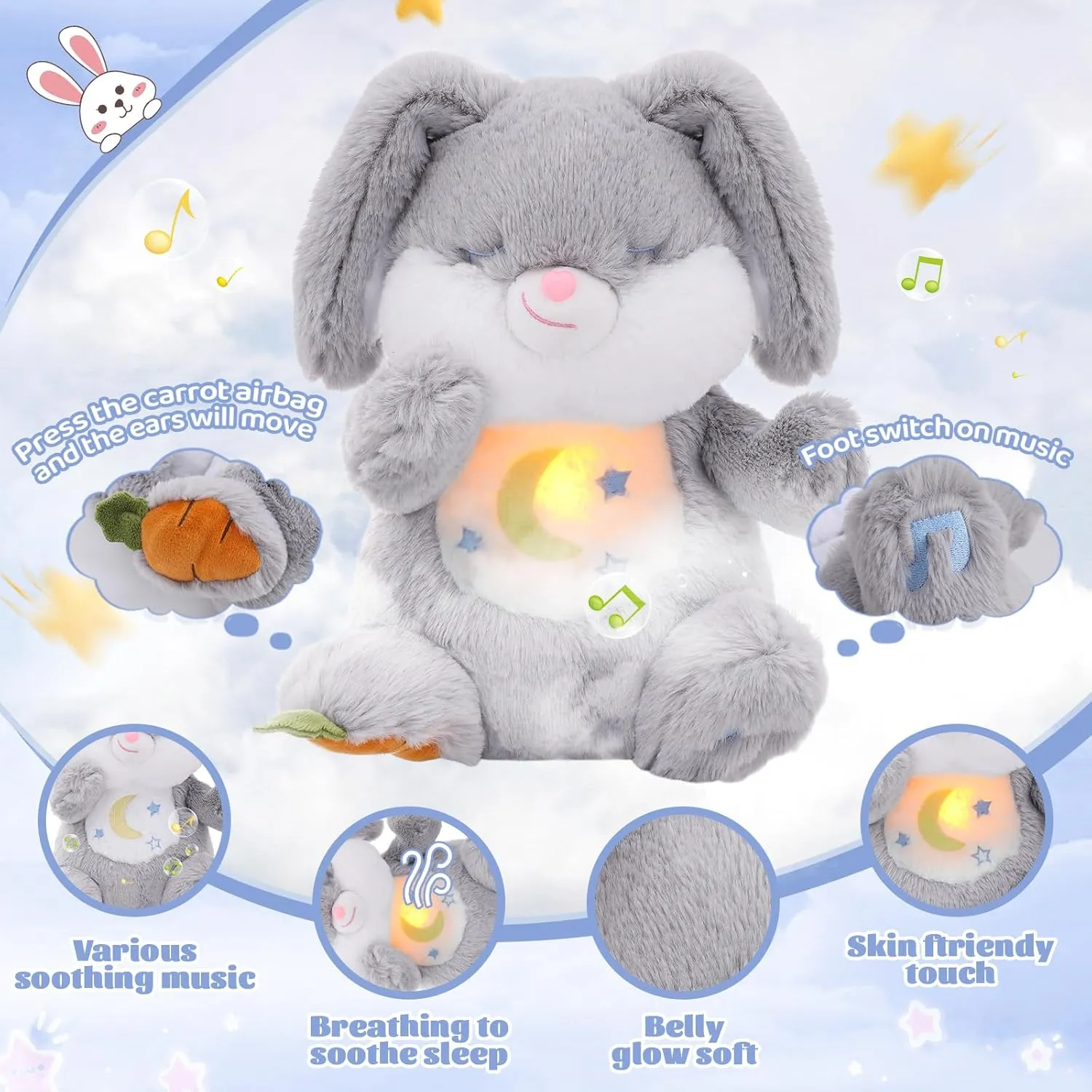 Emoin Breathing Stuffed Animal, Soothing Breathing Bunny Plush Sleep Buddy with Realistic Breathing Motion and Lights Music Birthday Gifts for Adults and Kids