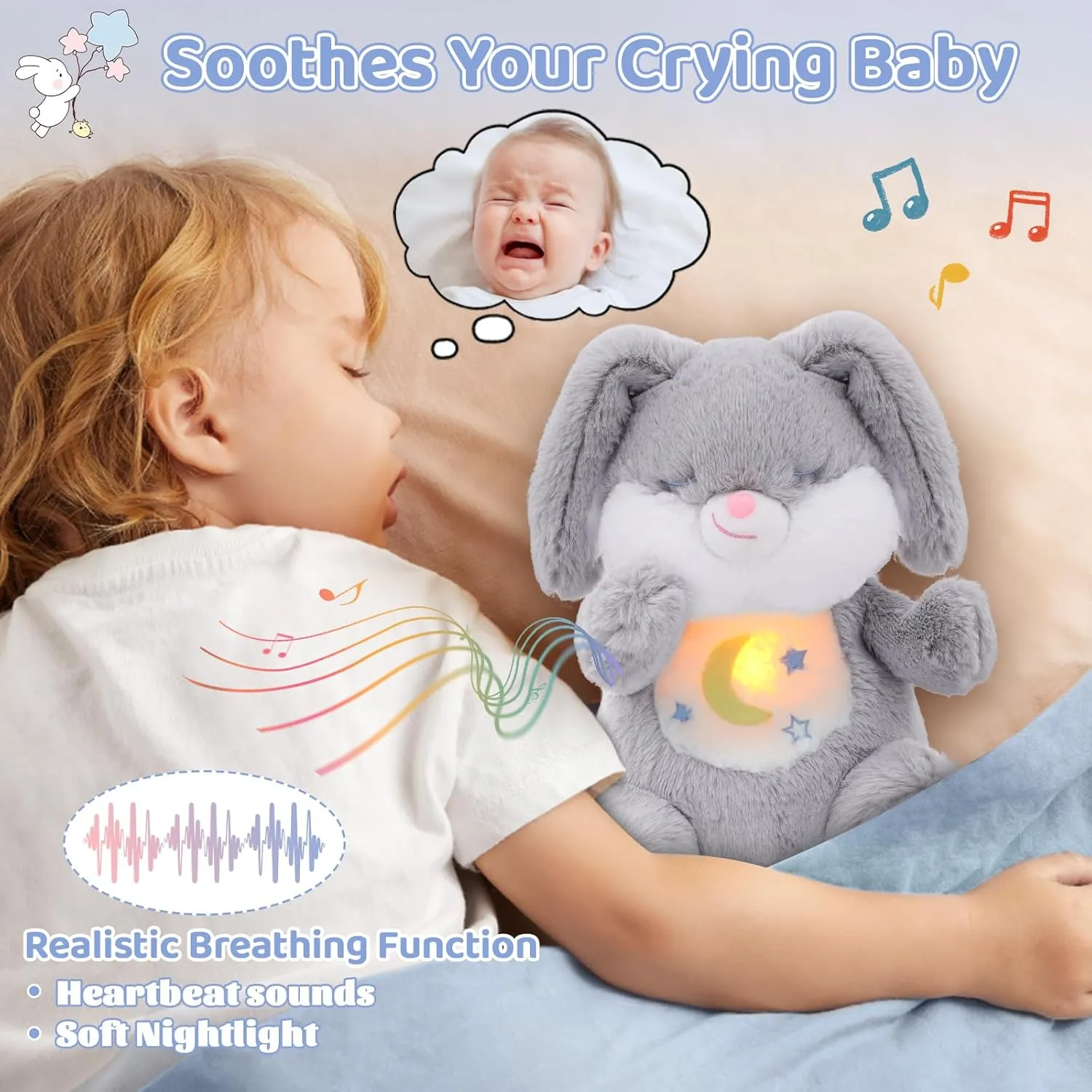 Emoin Breathing Stuffed Animal, Soothing Breathing Bunny Plush Sleep Buddy with Realistic Breathing Motion and Lights Music Birthday Gifts for Adults and Kids
