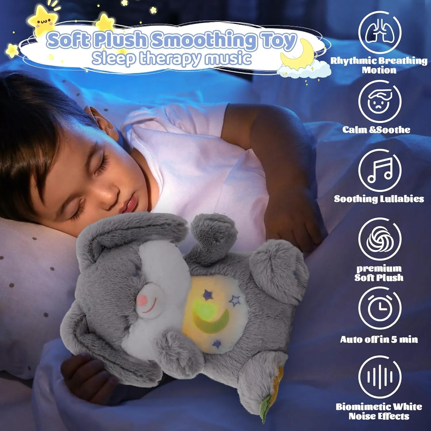 Emoin Breathing Stuffed Animal, Soothing Breathing Bunny Plush Sleep Buddy with Realistic Breathing Motion and Lights Music Birthday Gifts for Adults and Kids