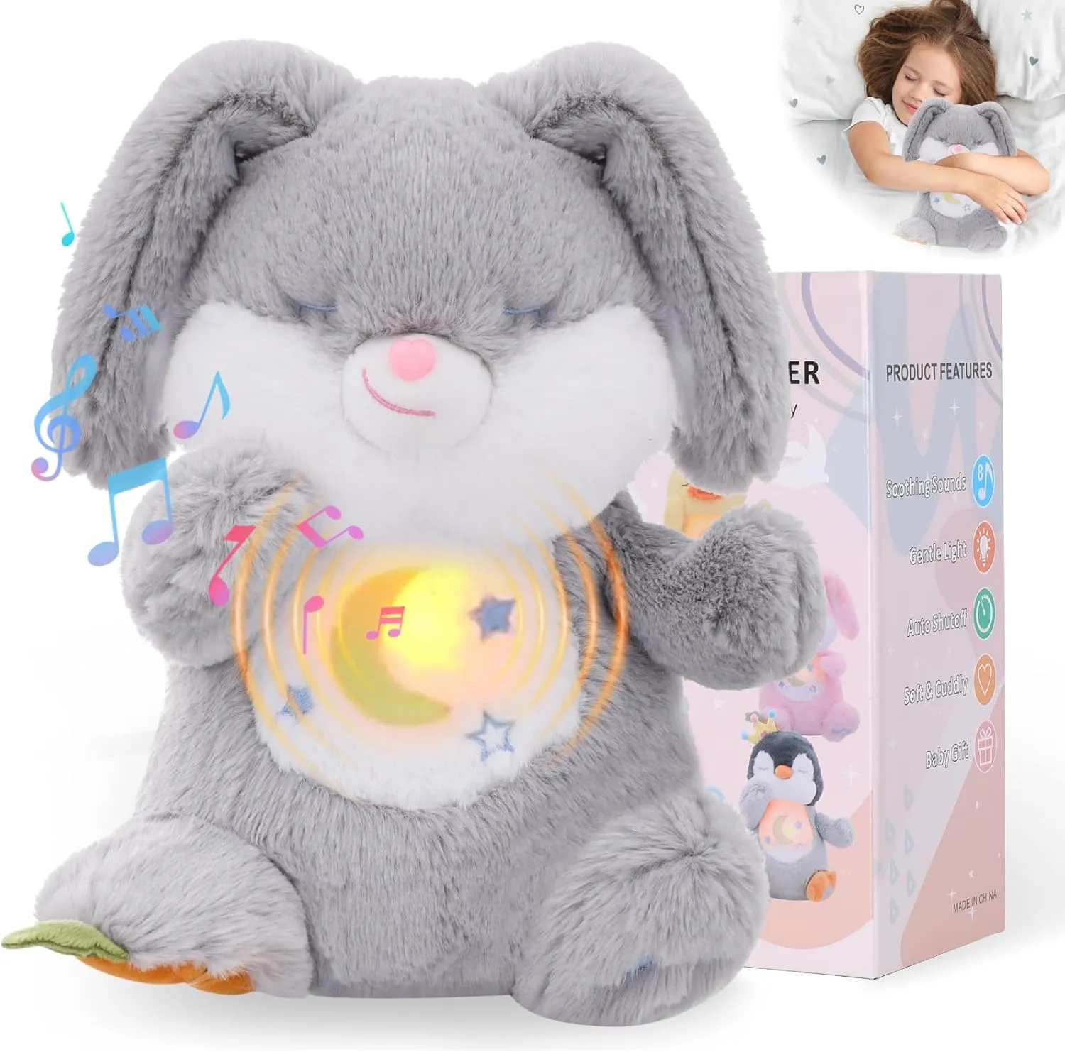Emoin Breathing Stuffed Animal, Soothing Breathing Bunny Plush Sleep Buddy with Realistic Breathing Motion and Lights Music Birthday Gifts for Adults and Kids