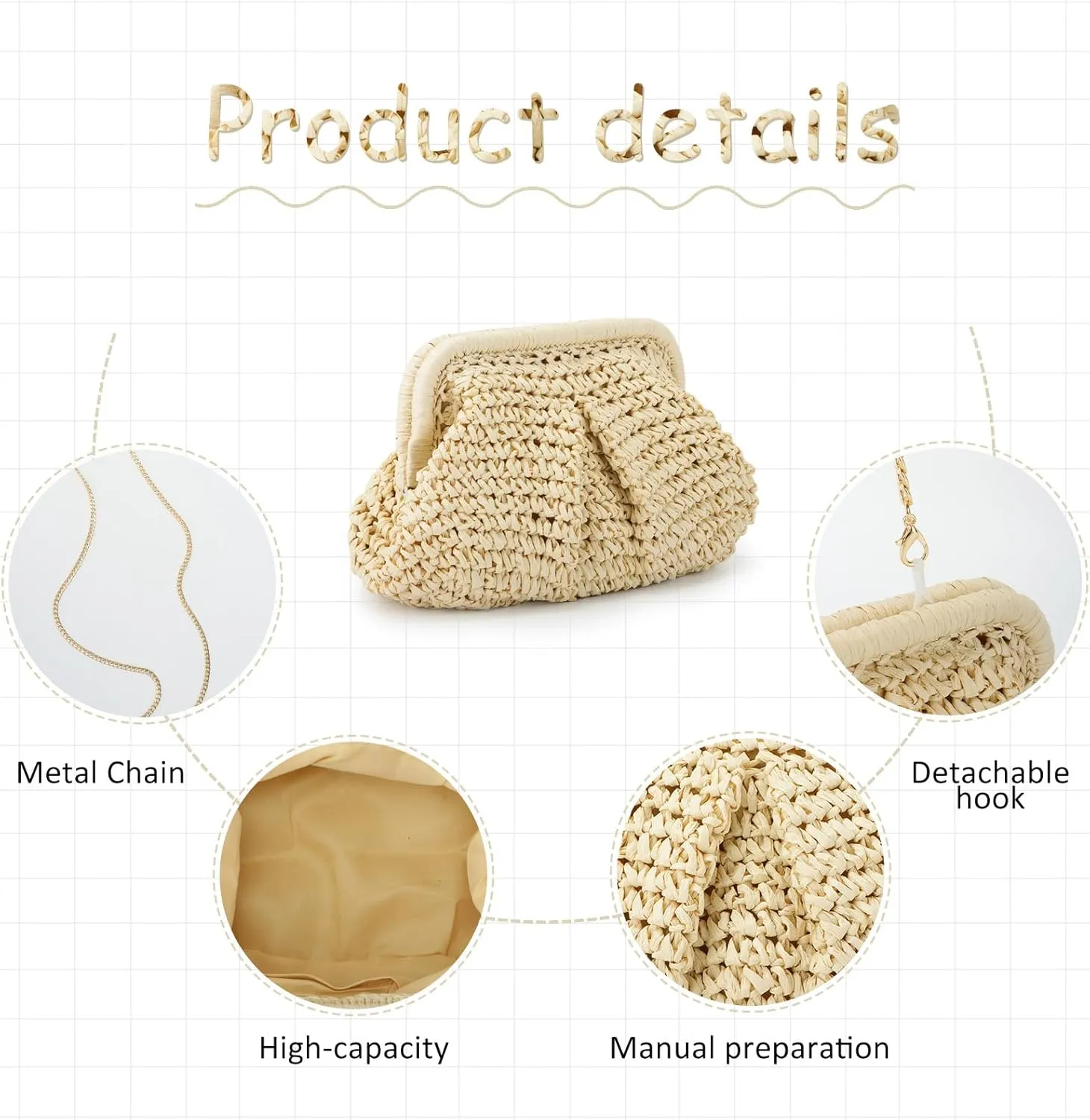 Emprier Straw Clutch Purse for Women Cloud Dumpling Pouch Straw Crossbody Shoulder Handbag Summer Beach Woven Bag