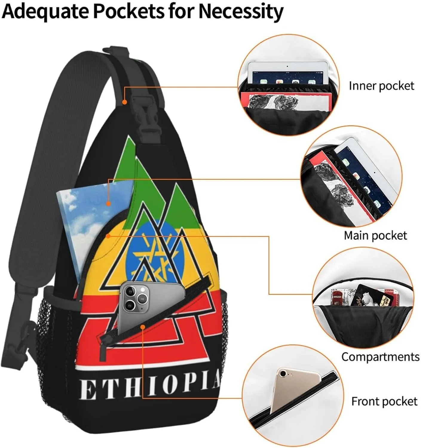 Ethiopia Emblem Cross Chest Bag Crossbody Bags Sling Backpack Gym Shoulder Bags Sports Fanny Pack Adjustable Travel Daypack Diagonally Casual Rucksack