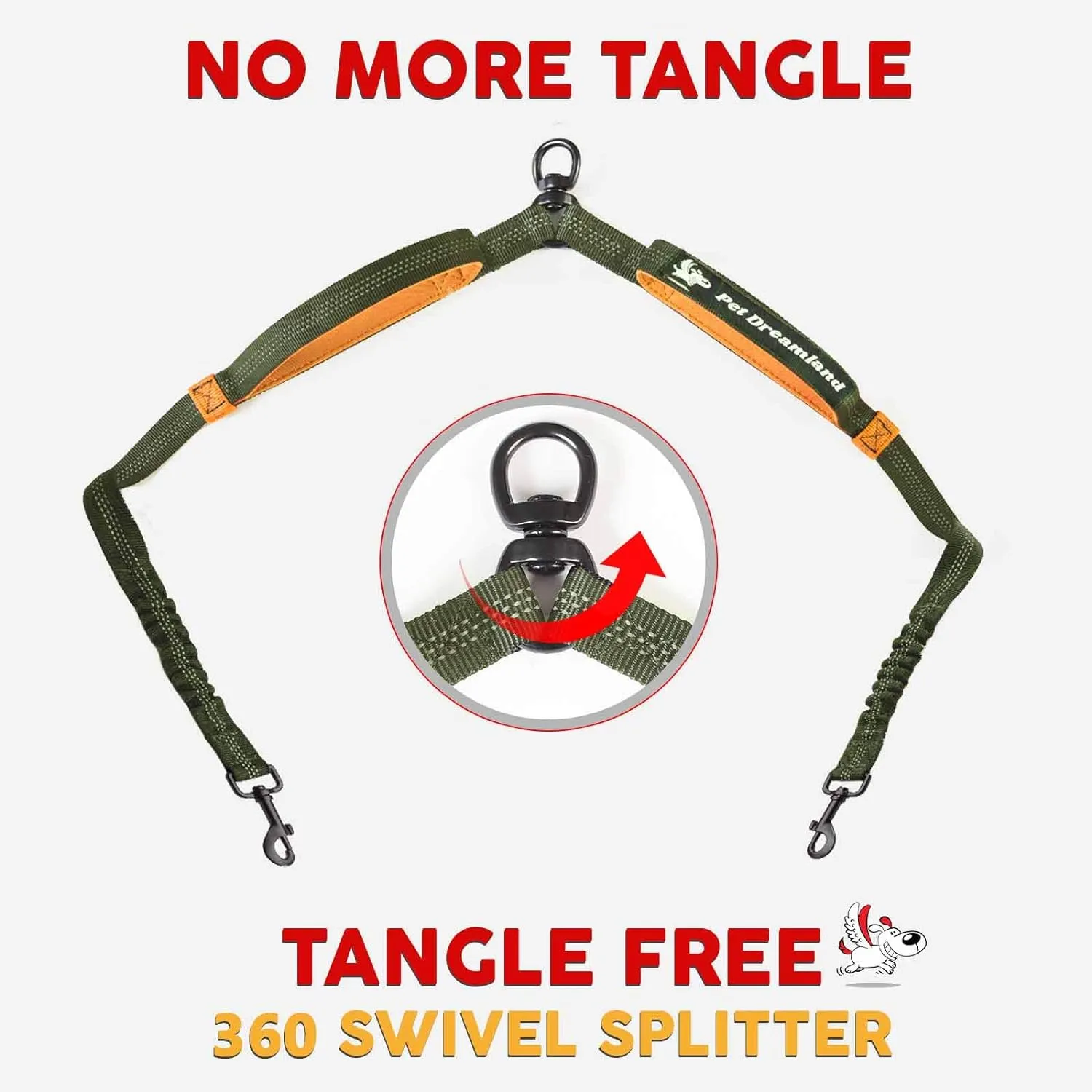 Exquisite Double Leash for Two Dogs – 2 Dog Coupler – No-Tangle Splitter for Large Dogs – Dual Attachment (Coupler Only, Large, Khaki & Orange)