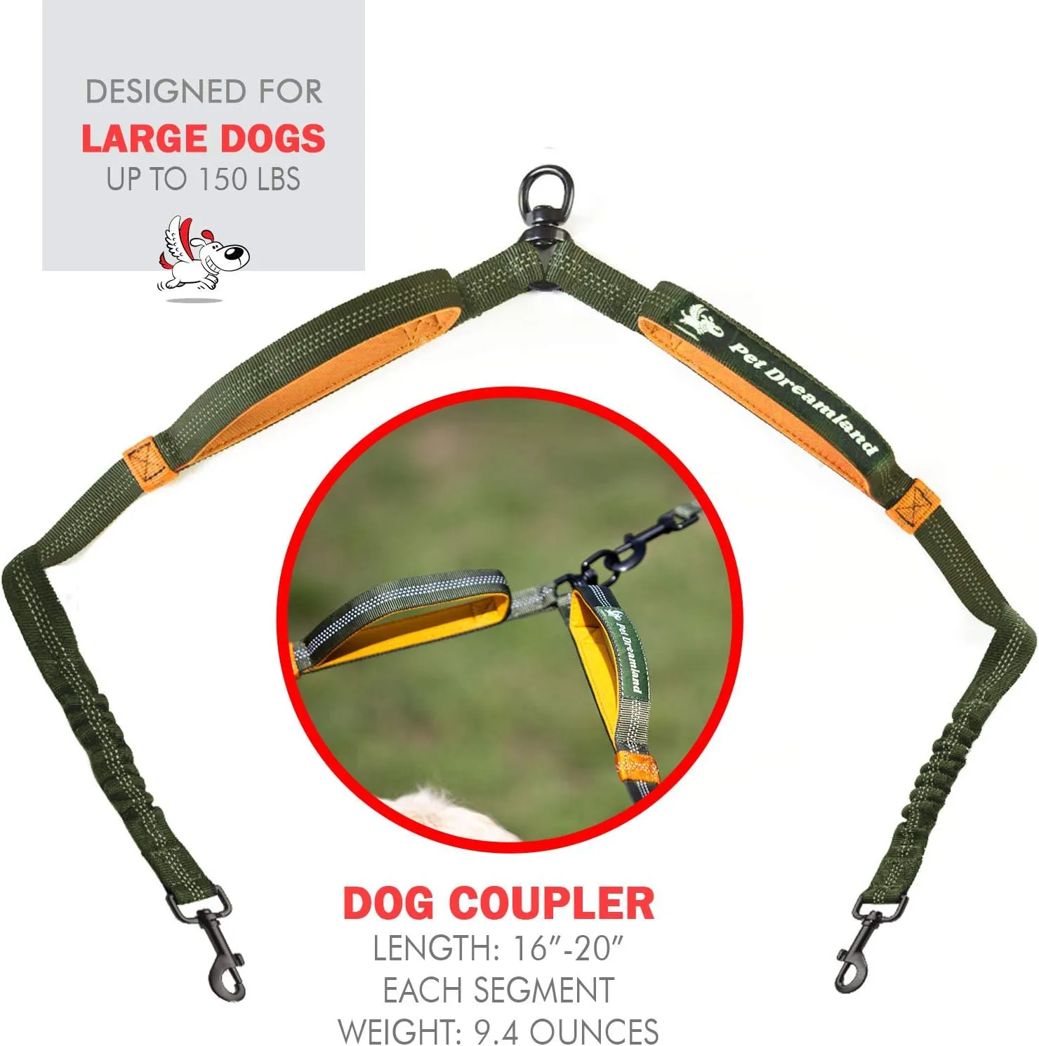 Exquisite Double Leash for Two Dogs – 2 Dog Coupler – No-Tangle Splitter for Large Dogs – Dual Attachment (Coupler Only, Large, Khaki & Orange)